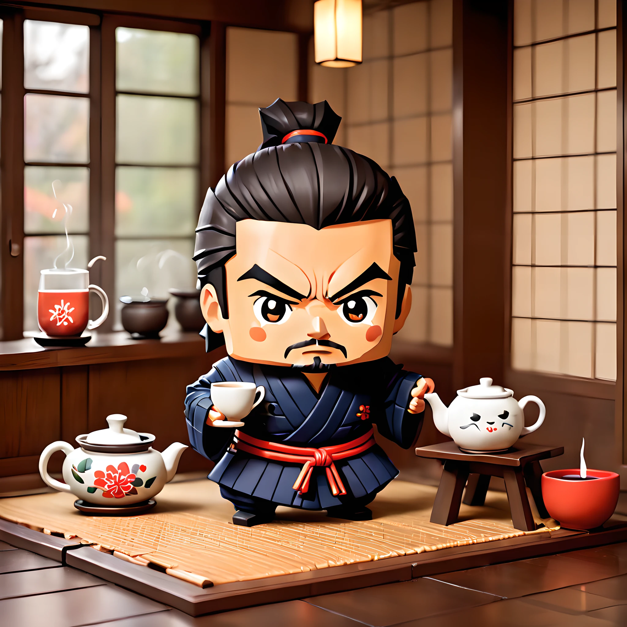 (Pixel art:1.5), (pixel theme:1.5), (chibi emote:1.5), (chibi character:1.5),(fantasy:1.5), (1japanse samurai:1.5), (Toshiro Mifune:1.5), (hot tea:1.5), (tea ceremony:1.5), (tearoom:1.5),