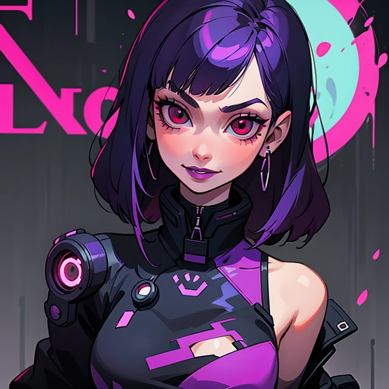 ((solo)). female character around 30 years old. mature body with large breasts and cleavage. she huge fake breasts with deep cleavage. she wears a ninja style body mesh. wide hips. she has a sexy lewd erotic expression. red eyes. long purple hair with straight bangs. She wears eyeliner and black lipstick on her lips. she looks a model on a clothing ad. a combined neon and greyscale color style. the background has abstract spray paint. body faced towards viewer
