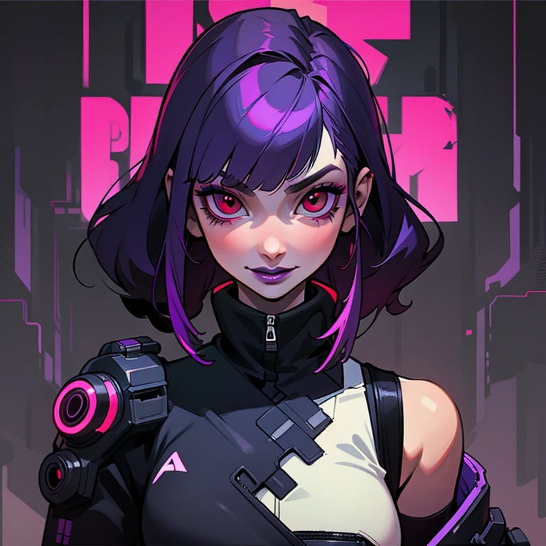 ((solo)). female character around 30 years old. mature body without many special attributes. wearing black clothing, a cyberpunk style outfit. she has a mischievous smile with a sexually suggestive expression. red eyes. long purple hair with straight bangs. She wears eyeliner and black lipstick on her lips. she looks a model on a magazine cover. a combined neon and greyscale color style