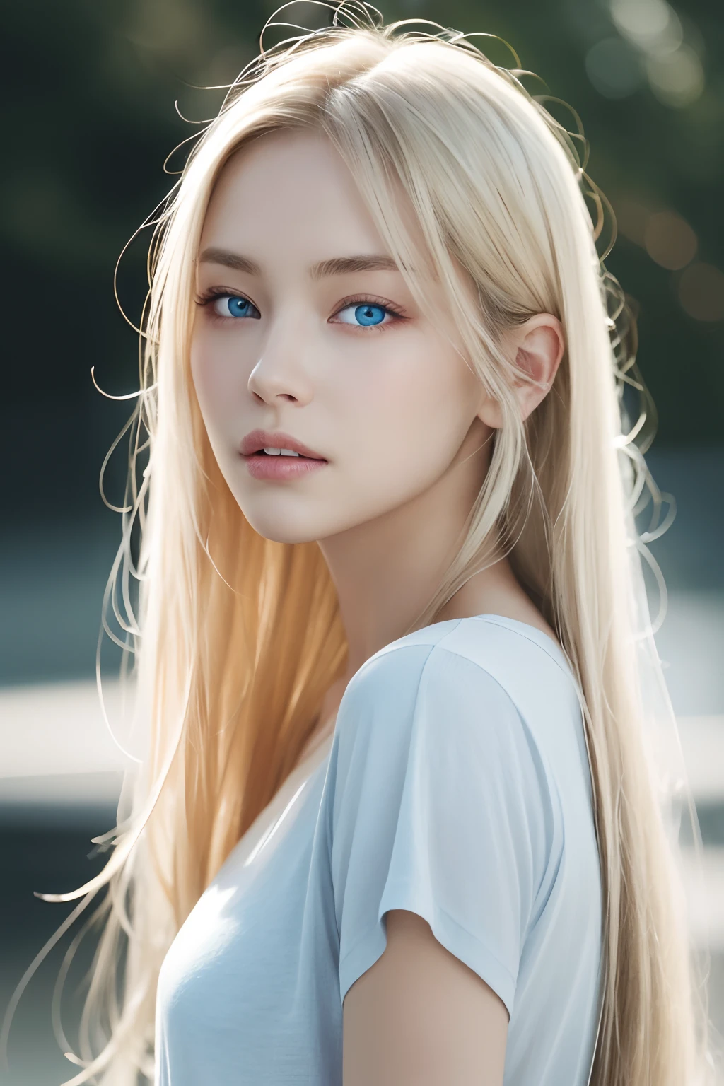 Clothed、(Photo Real:1.4)、(hyper realisitic:1.4)、(realisitic:1.3)、
(Smoother lighting:1.05)、(Improved lighting quality in movies:0.9)、32K、shinny skin、Shiny super long straight blonde hair、Small face beauty、
1girl in、a 18 year old girl、Realistic lighting、Back lighting、Facial light、raytrace、(Brightening light:1.2)、(Increase quality:1.4)、
(Top quality real texture skins:0.3)、finely eye、finerly detailed face、Fine pale light blue eyes、
tshirts、