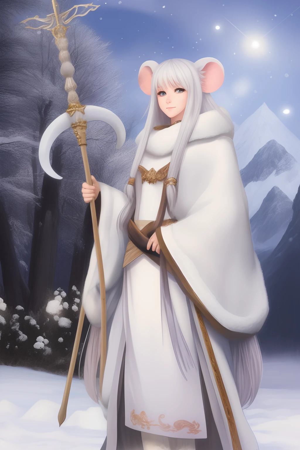 Anime, Mouse ears, mouse tale, woman, mature, winter, winter cloths, mountain, white long hair, druid, staff