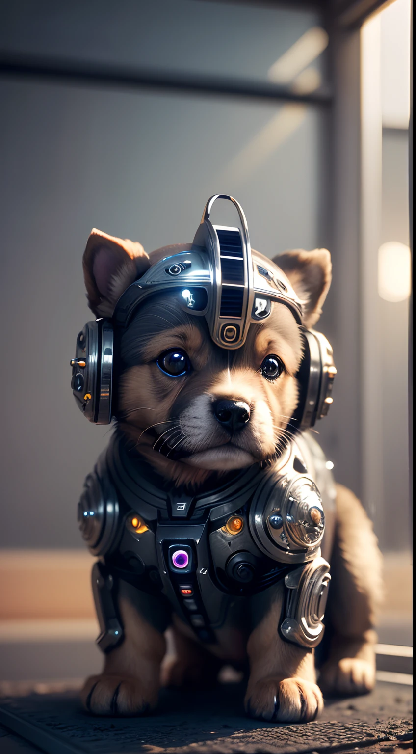 A cute puppy made of metal, (cyborg:1.1), ([tail|detailed wire]:1.3), (intricate detail), hdr, (intricate detail, hyperdetailed:1.2), cine footage, halo shadow, centered