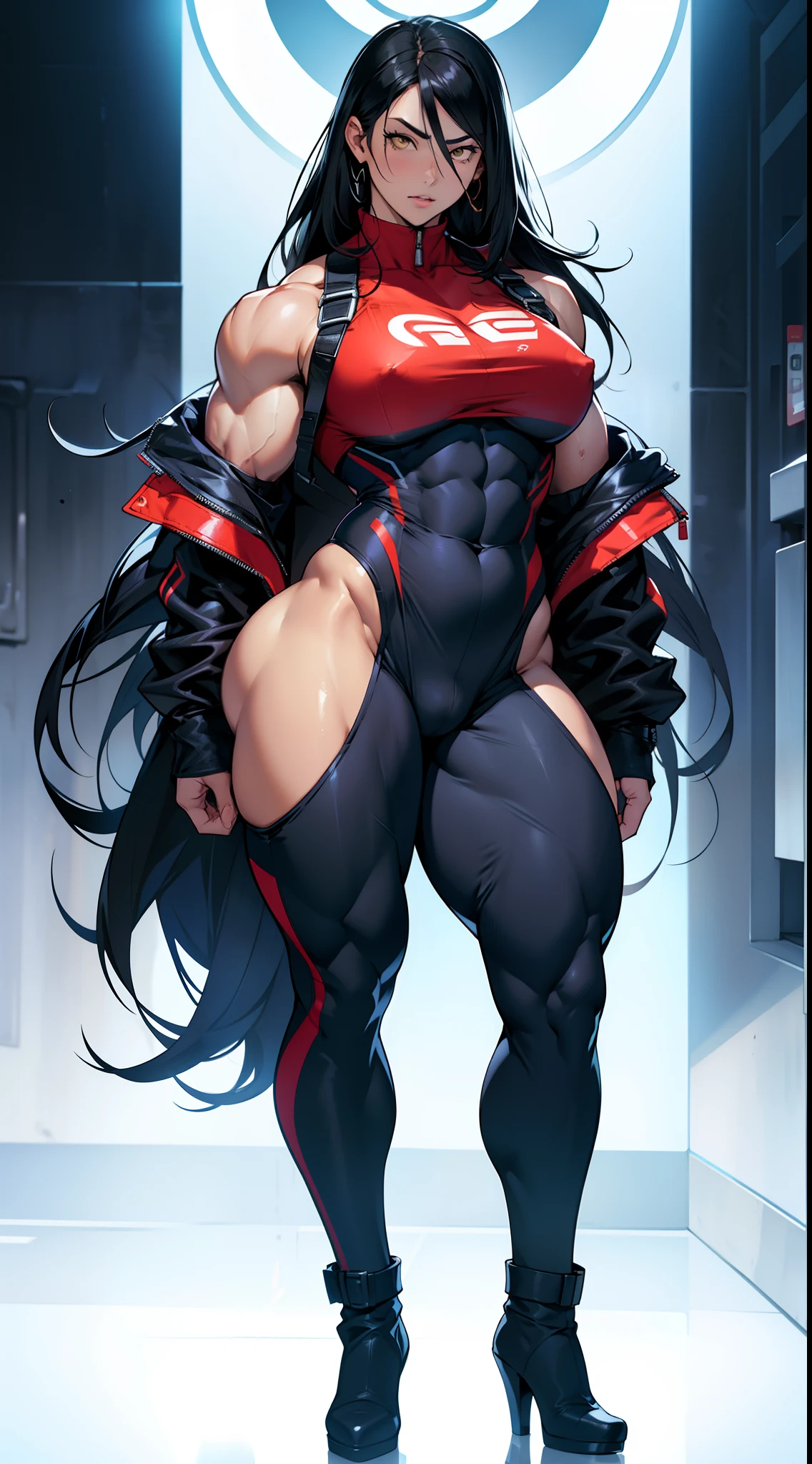 (((((full body shot shot,1. extremely hyper, Strong, Busty and sexy ))))), Black hair, Yellow eyes, Very long hair, ((((((Muscular)))))), extremely hyper, Thick stature,Extra-large big breasts,Thick,Big abs,Exaggerated huge fat buttocks,The crotch is huge,(((focal point:Help her,,Crotch ,Glans, ,Greatly improved,nipple bump,The crotch is large,The extra large is raised high in the crotch,Oversized ,Big ,The crotch is huge,The ,,Help her,)))thick ass,Extra long thick legs,Strong leg muscles,Thick legs,Pale skin, (tightsuit), (Solo), , Big ass,The crotch is greatly raised,high heels boots,full body shot shot。