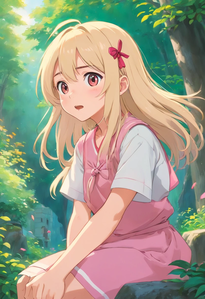 boy turning into a a cute 19 year old girl, long blonde hair with bright all pink highlights, 8 poses and steps (astonishment, doubt, confusion, having fun,exhilarated,big laughter,tender angry,, Touch your head,Sell moe,wait) ,Anthropomorphic style, step by step, M2F, Transition,