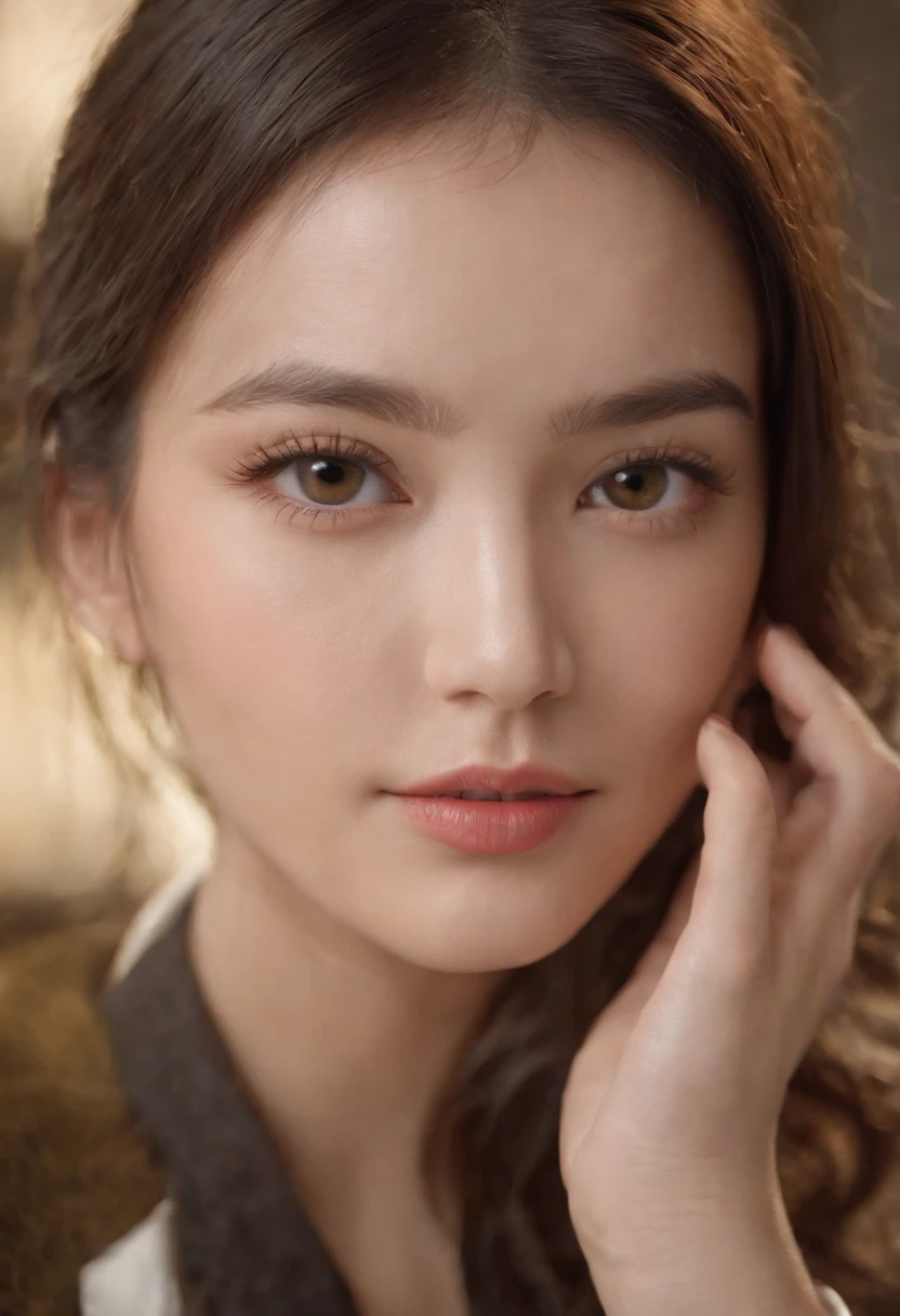 Close-up of young woman's face, Her hand rested on the table，Look sideways at the audience，Pose up,Yellow people，teens girl ，with short black hair，White and tender skin，Wear a school uniform.Big eyes，Classroom Background，8K, Best quality, Masterpiece, 超高分辨率, (Realism: 1.4), Original photo, (Realistic skin texture: 1.3), (filmgrain: 1.3），Best quality,, (Fine details), (Intricate details), Cinematic light, Clear lines,