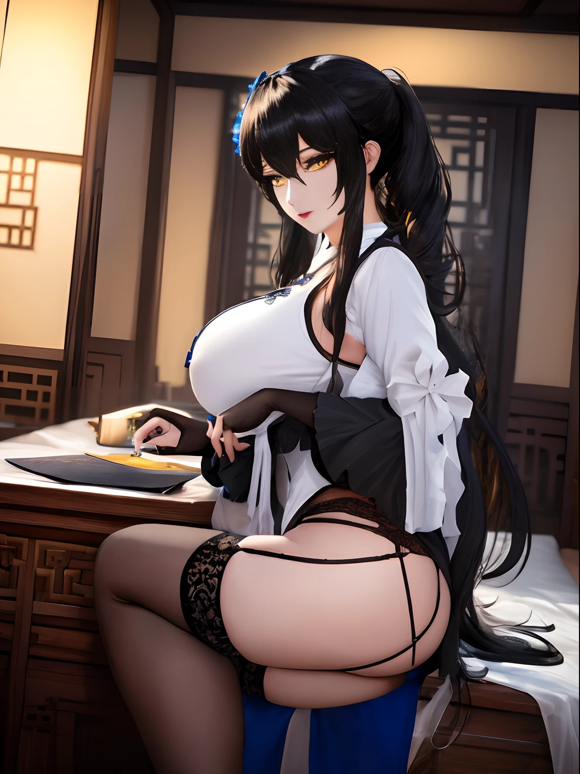Masterpiece,Best quality,Extremely detailed Cg Unity 8K wallpaper, Masterpiece, Best quality, CG, Light , detail processing,{ black+Yellow eyes },Beautiful_face, Long black hair,Side_pony tails,{ Wife-like,Mature female}, Huge breasts,Intimacy,nightfall,lipstick,Beautiful_face,Clear face,Cheongsam,