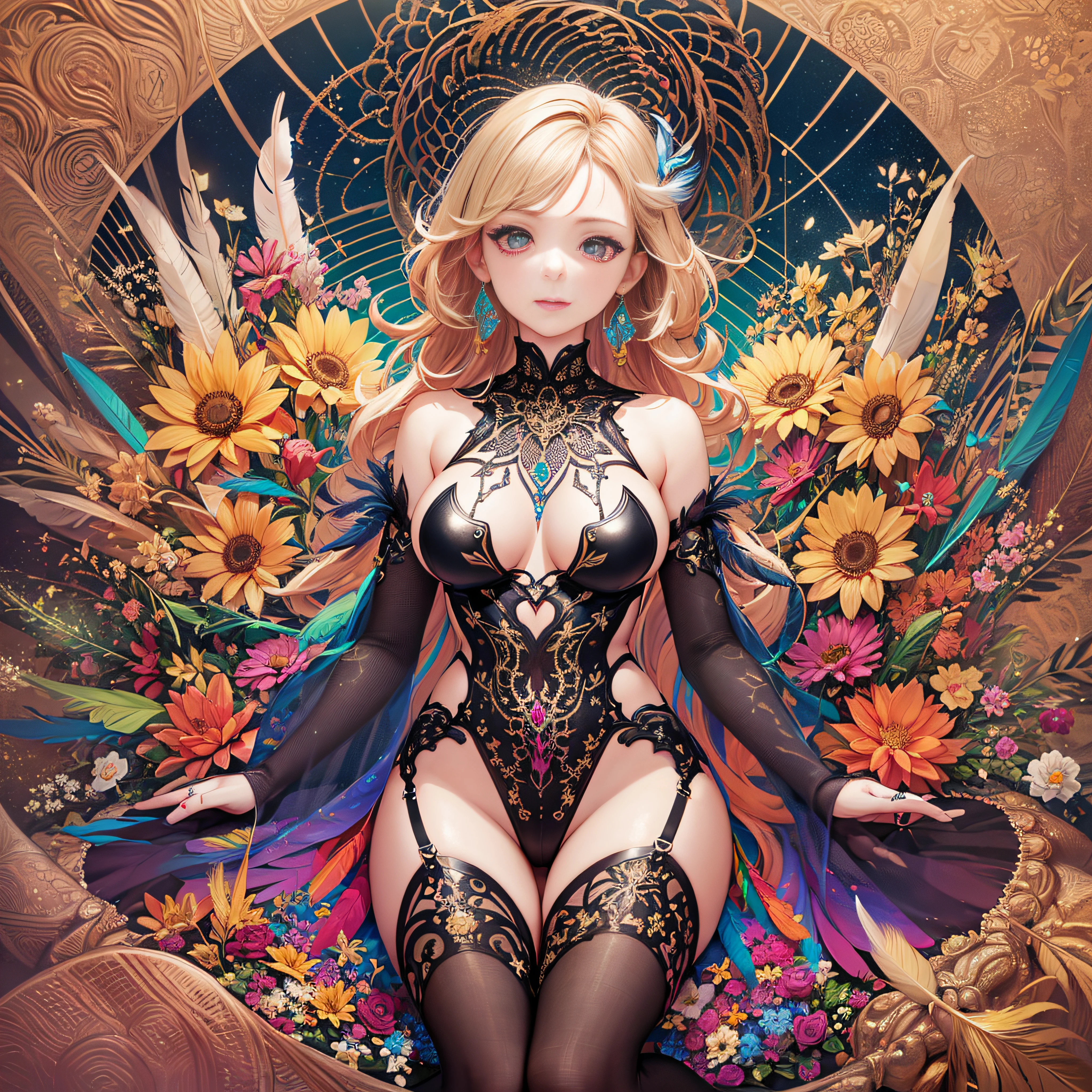 girl with, Big breasts, Bare shoulders, Blonde hair, colorful feather, metal ornaments, Colorful flowers, Particle, light, (masutepiece, of the highest quality, Best Quality, Official art, Beautiful and aesthetic:1.2), (1girl in:1.3), Extremely detailed, (Fractal Art:1.1), ( Colorful:1.1)(Flowers:1.3),highest details,(Zentangle:1.2), (Dynamic Pose), (Abstract background:1.3), (Shiny skin), (Many colors:1.4), (earrings:1.4), (Feathers:1.4), Full body image