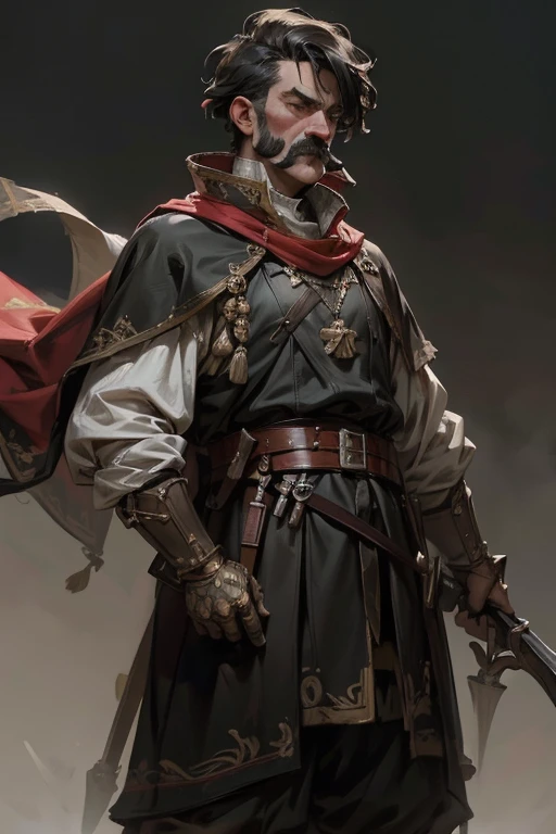 (Best quality,4K,8K,A high resolution,Masterpiece:1.2) cossack, ukrainian, hetman period, black hair, shaved head with cossack bangs, black moustache, ukrainian cossack in hussar armor, high armor detail, best armor, majestic cossack, holding saber, loose clothing with embroidery, olyag with red elements, single figure , majestic composition, military honor, determination, symbol of bravery, will, symbol of freedom, free man with honor