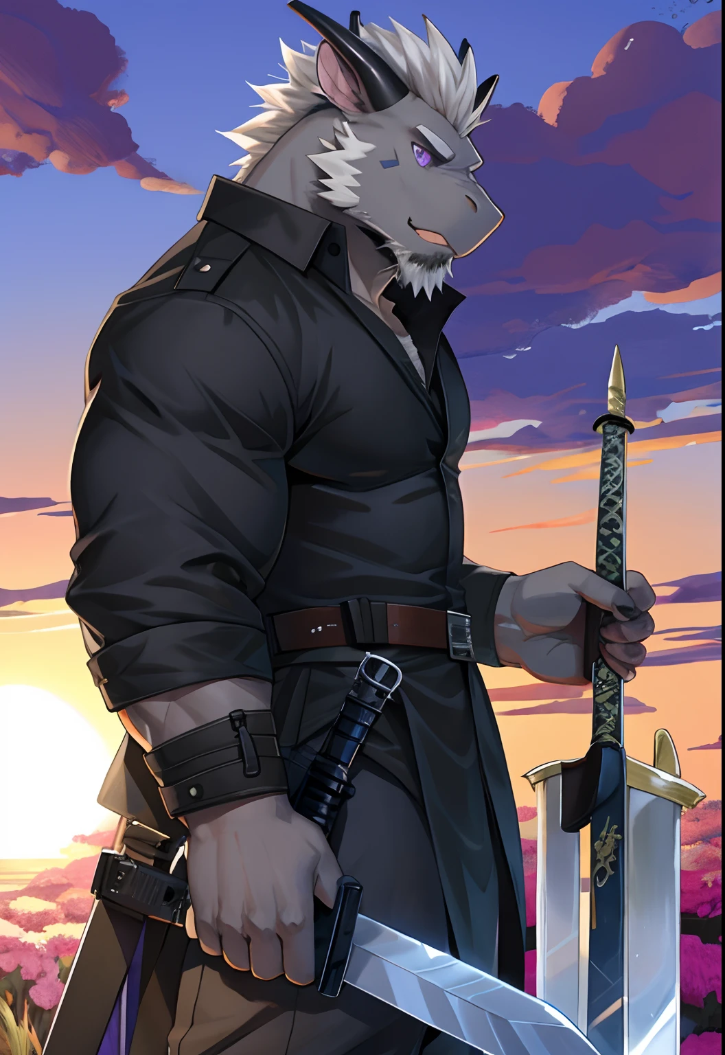 Solo, Male, Black Furry Dragon, Gray Medium Hair, Gray Facial Hair, Purple Eyes, Muscular, Cool Pose, Good Looking, Handsome, Left Hand Holding Sword, Right Hand Holding Gun