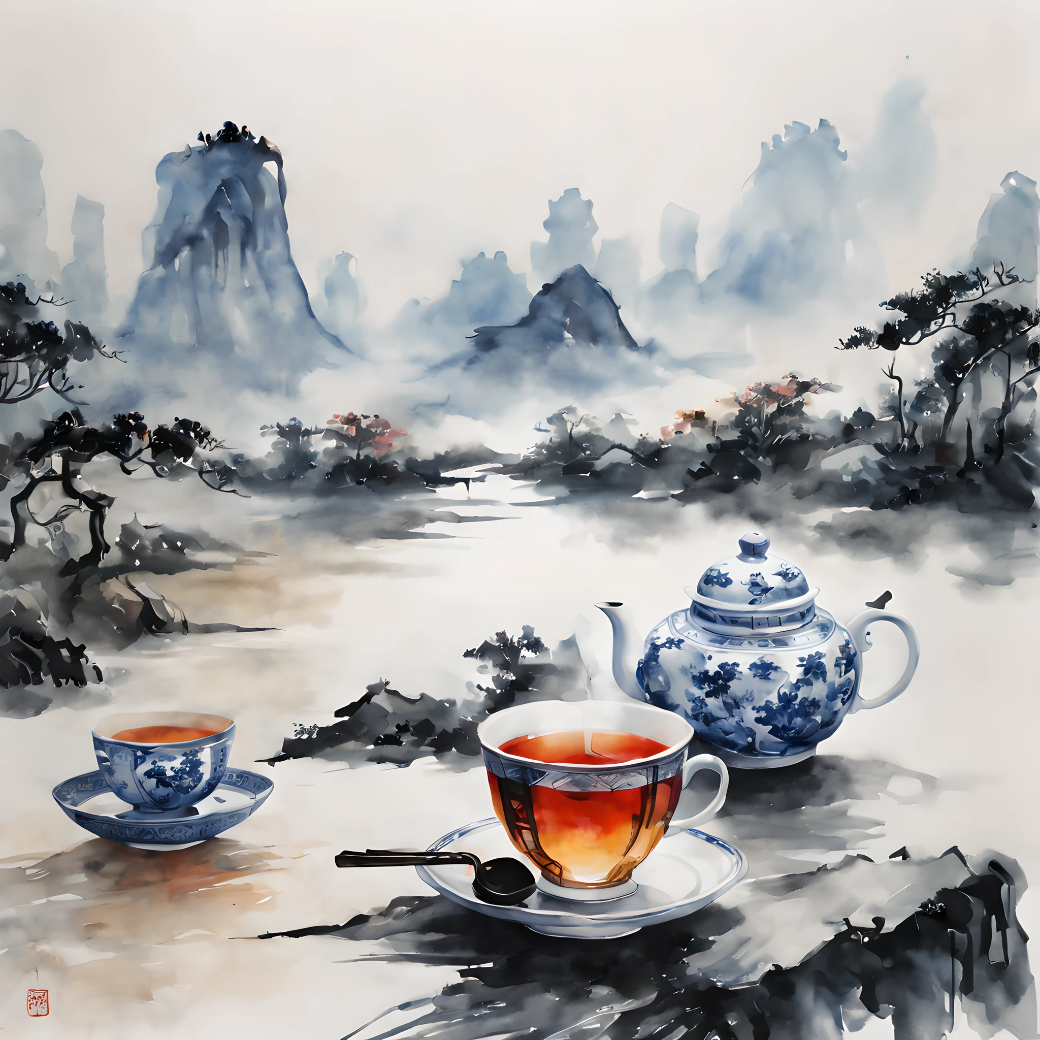 (hot Tea:1.5), (ink and watercolor painting:1.5), (Tasteful:1.5), (ink and watercolor painting:1.5), (full color:1.5), 8k, 4k, (landscapes:1.5), (tea time:1.5),(chinese tea:1.5),(Tea utensils:1.5),(White porcelain:1.5),