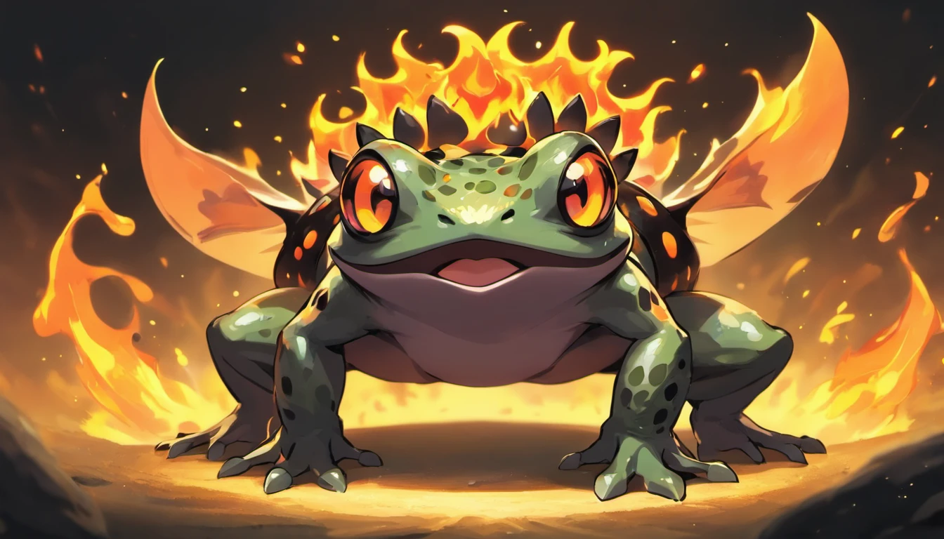 Demonic Frog, Evil Toad, Bipedal, Black and Organge, Firey Back Legs, Pokemon,