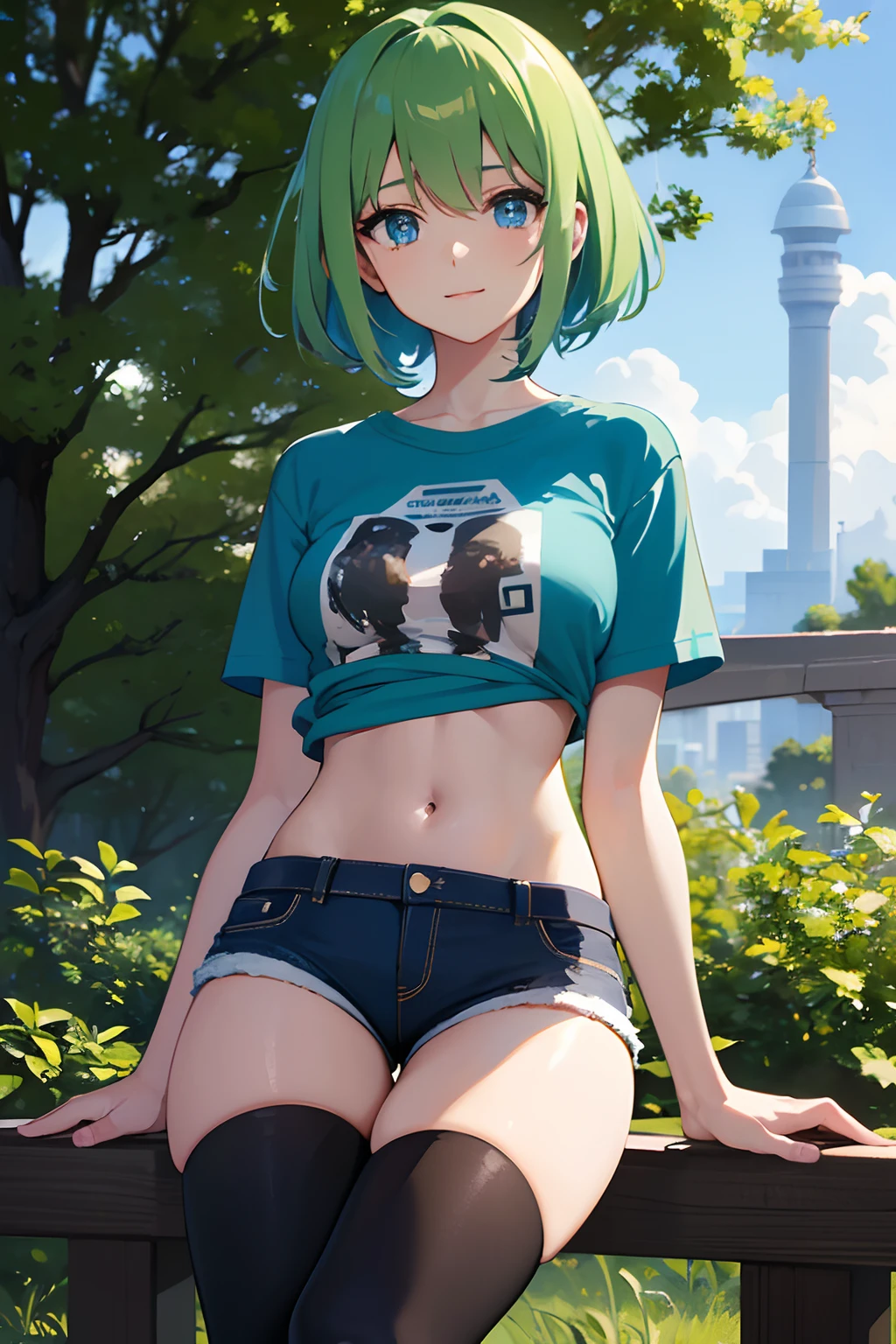 2d, masterpiece, best quality, anime, highly detailed face, highly detailed background, perfect lighting, lola, blue eyes, green_hair, cityscape, full_body, solo, solo focus, t-shirt, shorts, colorful auspicious clouds, sakura, leaf, tree, waterfall, acorn, soil, blurry_foreground, 1girl, day, painting, depth_of_field, blurry, (best quality), ((masterpiece)), cute anime girl, green hair, short hair, pink t-shirt, cutout above navel, blue denim shorts, black boots, forest, c(lean detailed faces), analogous colors, beautiful gradient, clean image, high quality, high detail, high definition, cute face, 4k resolution, full body, ultra sharp focus, extremely detailed eyes, blue eyes, detailed symmetric realistic face, extremely detailed natural texture, perfectly centered medium upper shot, nikon d850 film stock photograph, kodak portra 400 camera f1.6 lens, extremely detailed, amazing, fine detail, rich colors, one body, fully clothed, face, head in frame, body in frame, good proportions, smiling, android heroine, vivid color.digital 2d, anime manga robot! anime girl, fully robotic!! girl, nanogirlv 2, symphogear, fully robotic!!, mikudayo, masterpiece, best quality, reeds, lens flare, shade, bloom, official artwork