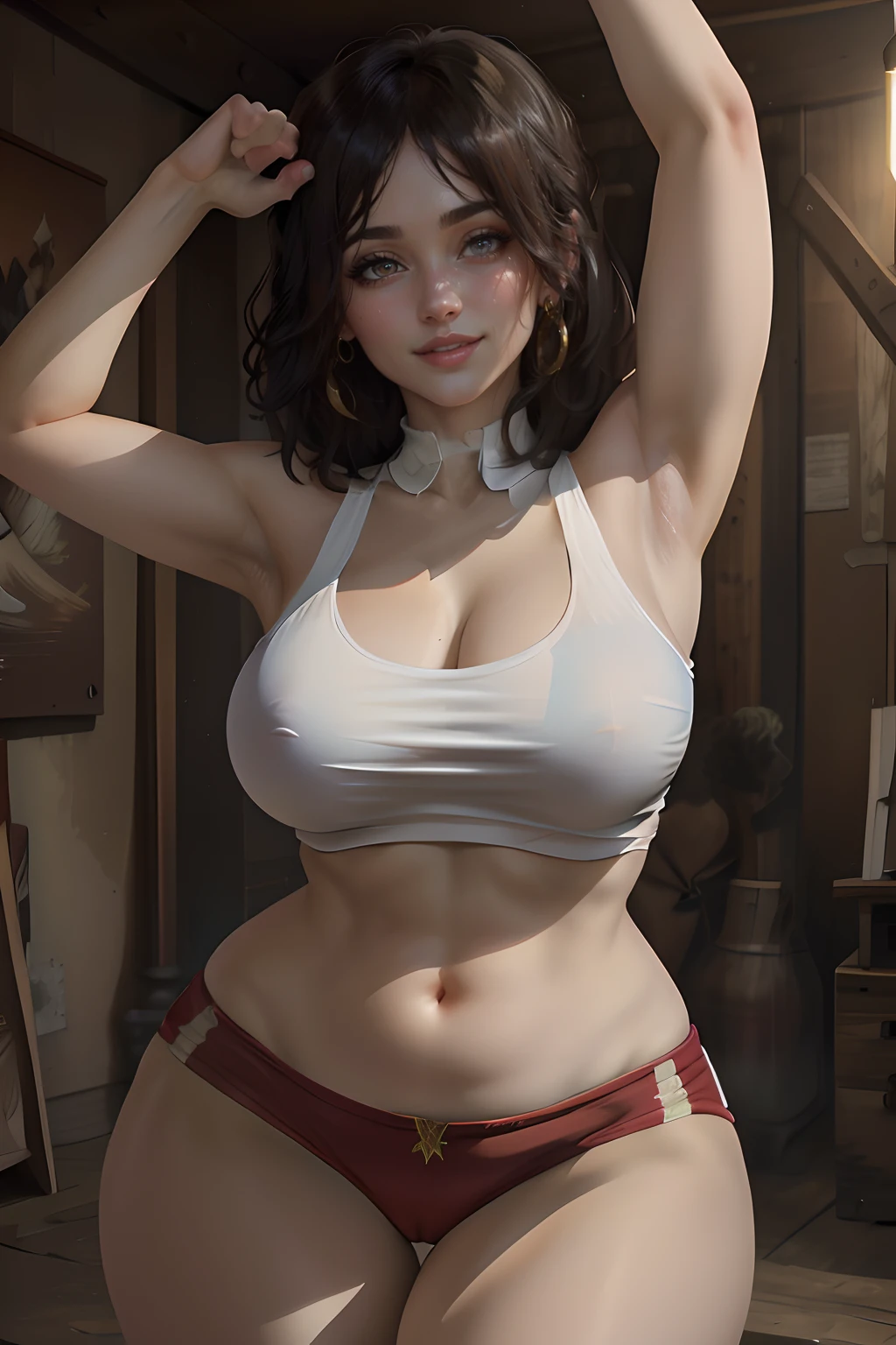 Perfect, masterpiece, (best quality, highres:1.2), 1girl, beautiful detailed eyes, beautiful detailed lips, extremely detailed eyes and face, long eyelashes, medium:oil painting, vivid colors, HDR, studio lighting, ultra-fine painting, sharp focus, physically-based rendering, extreme detail description, portraits, ((organized fingers)), curvy body, big breasts, perfect shape, facing viewer, sweaty, gorgeous, ((arms up)), sleeveless shirt, smiling, very short hair