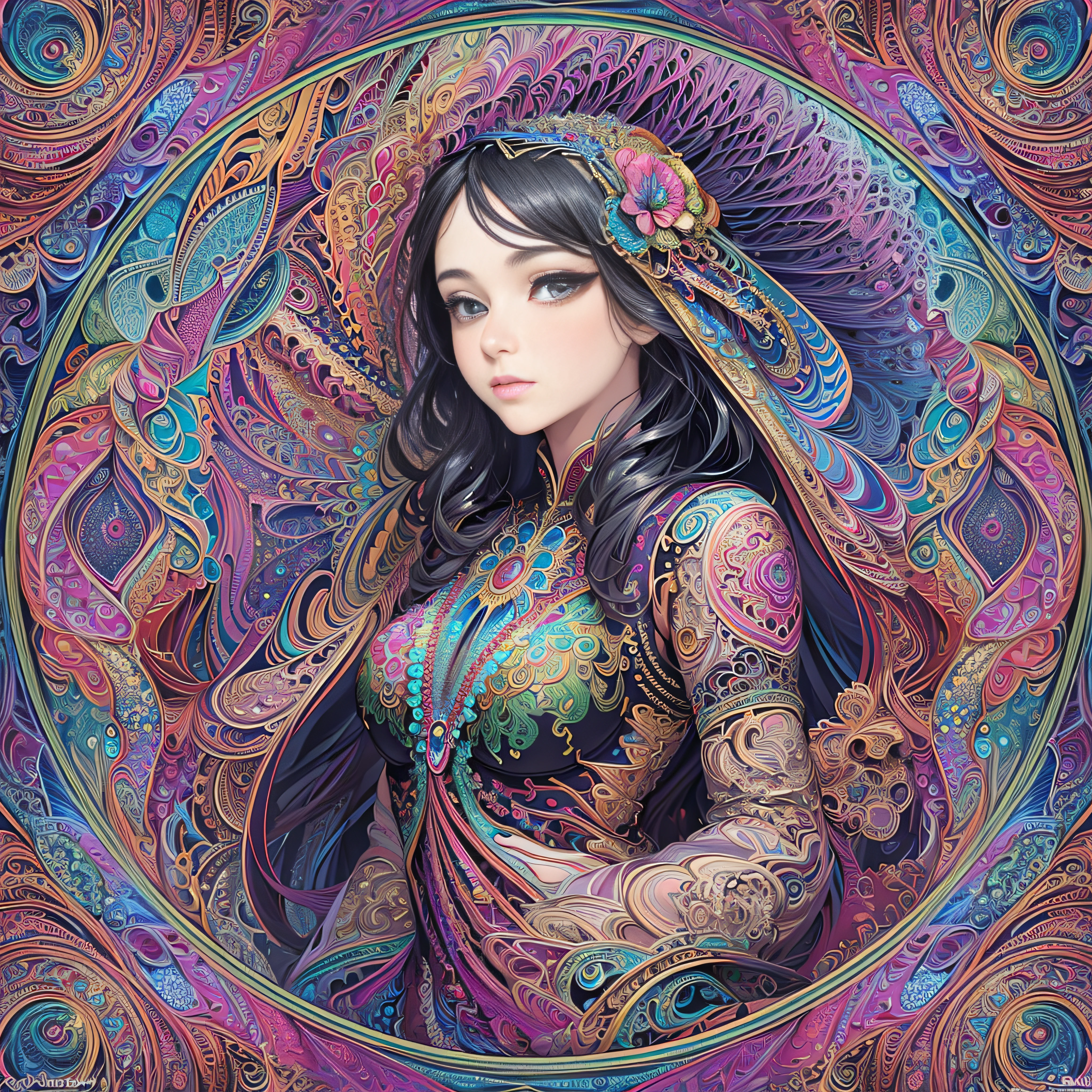 (masterpiece, top quality, best quality, official art, beautiful and aesthetic:1.2), (1girl:1.3), extremely detailed,(fractal art:1.2),colorful,highest detailed,(zentangle:1.2), (dynamic pose), (abstract background:1.5), (treditional dress:1.2), (shiny skin), (many colors:1.4), upper body