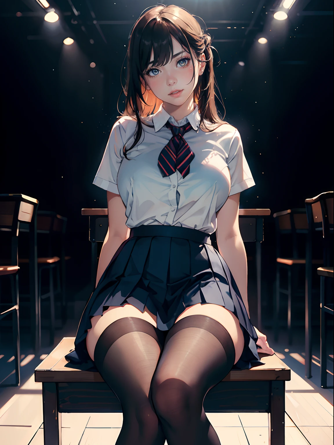 Ultra realistic 8K CG, Picture-perfect face, flawless, clean, masutepiece, Professional artwork, famousartwork, Perfect face, Beautiful face, Beautiful eyes, ((Perfect female body)), Solo,(Immersive atmosphere, Chiaroscuro:1.5,Bright light:1.2,Luminous lighting)
,,(blush:0.5),fascinated expression,Extremely detailed_Eyes,thick thighs,Large breasts,
beautifullydetailedbackground,depth of fields,Realistic:1.3, longshot,1girl in,Shirt,Pleated skirt, School uniform, Sitting, Full body,
(ambient lights:1.3),(Cinematic composition:1.3),(nffsw:0.1), Professional Lighting, White pantyhose,