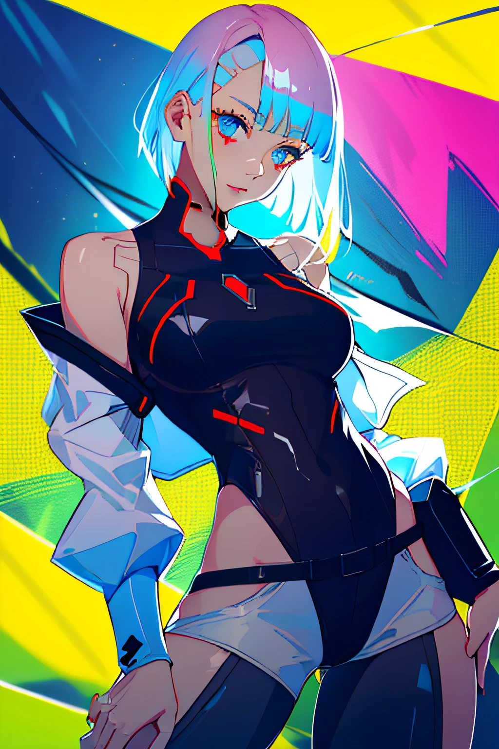 cyberpunk edgerunners, 1girl, lucy \(cyberpunk\), bare shoulders, blue eyes, breasts, leotard, looking at viewer, medium breasts, off-shoulder jacket, off shoulder, red eyeliner, short hair, sleeveless turtleneck leotard, solo, turtleneck leotard, white hair, ((masterpiece))