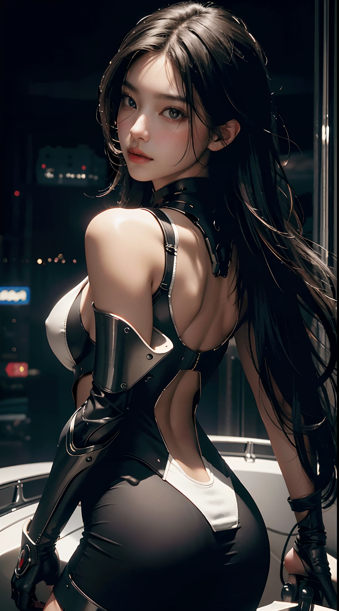 Highest image quality, outstanding details, super high resolution, (realism: 1.4), the best illustration, favor details, highly condensed 1girl, with a delicate and beautiful face, dressed in black and white mecha, bare shoulders, semi-, backless, mechanical, Ex Machina, sexy, beautiful, the background is a high-tech lighting scene of the future city., nude, nipple