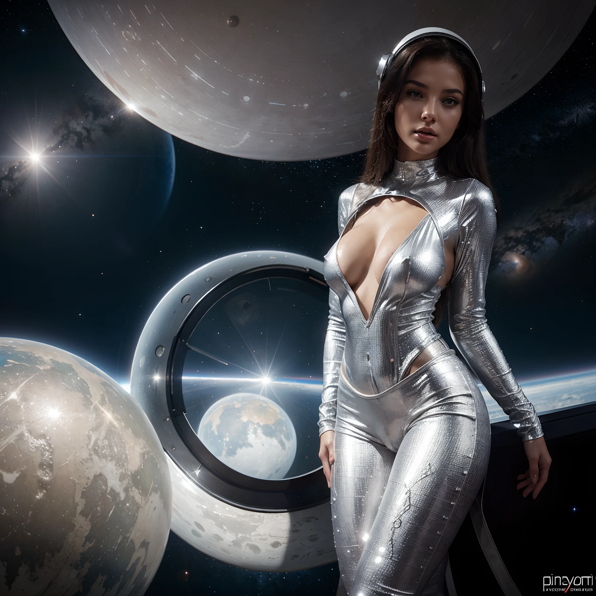 Sexy space girl, beautiful young woman, supermodel looks, wearing a tight thin revealing silver and white Lycra space suit, cleavage, nipples erect, vulva lips through pants, space helmet, stars and planets background