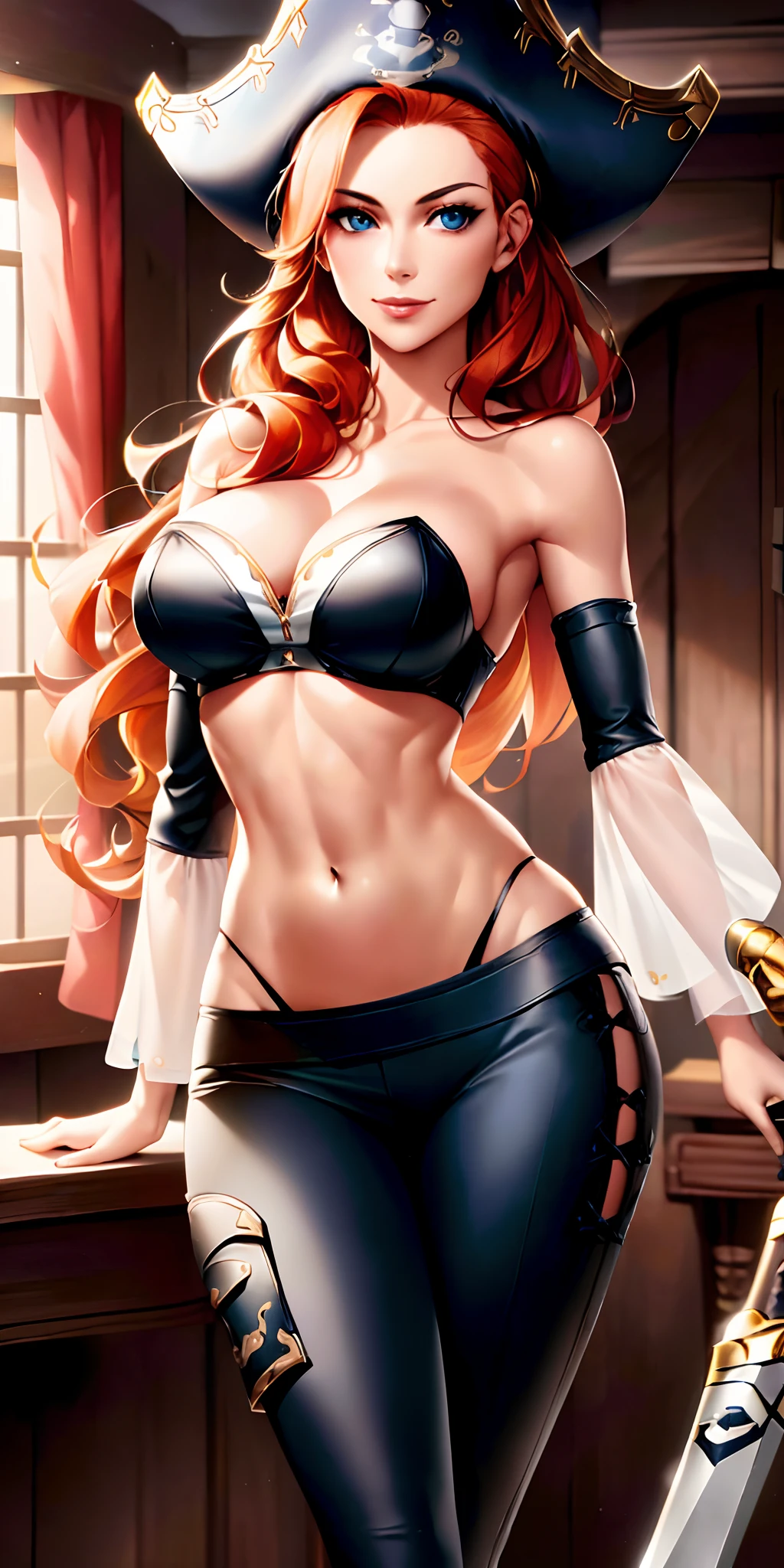 (masterpiece, best quality)1.5, 1girl, solo, (sexy, beautiful woman, perfect face, perfect eyes)1.5, (sarah fortune, miss fortune, black pants, knee-high boots, black midriff, cutlass sword, pirate hat, black bra, strap slip, bare shoulders, detached sleeves, wide white sleeves, pants ), (standing inside the captain's room of a pirate ship)1.5, (orange hair, blue eyes), (medium breasts:1.5), (perfect female body:1.5), seductive smile, perfect lighting, smooth, hdr, 8k resolution,