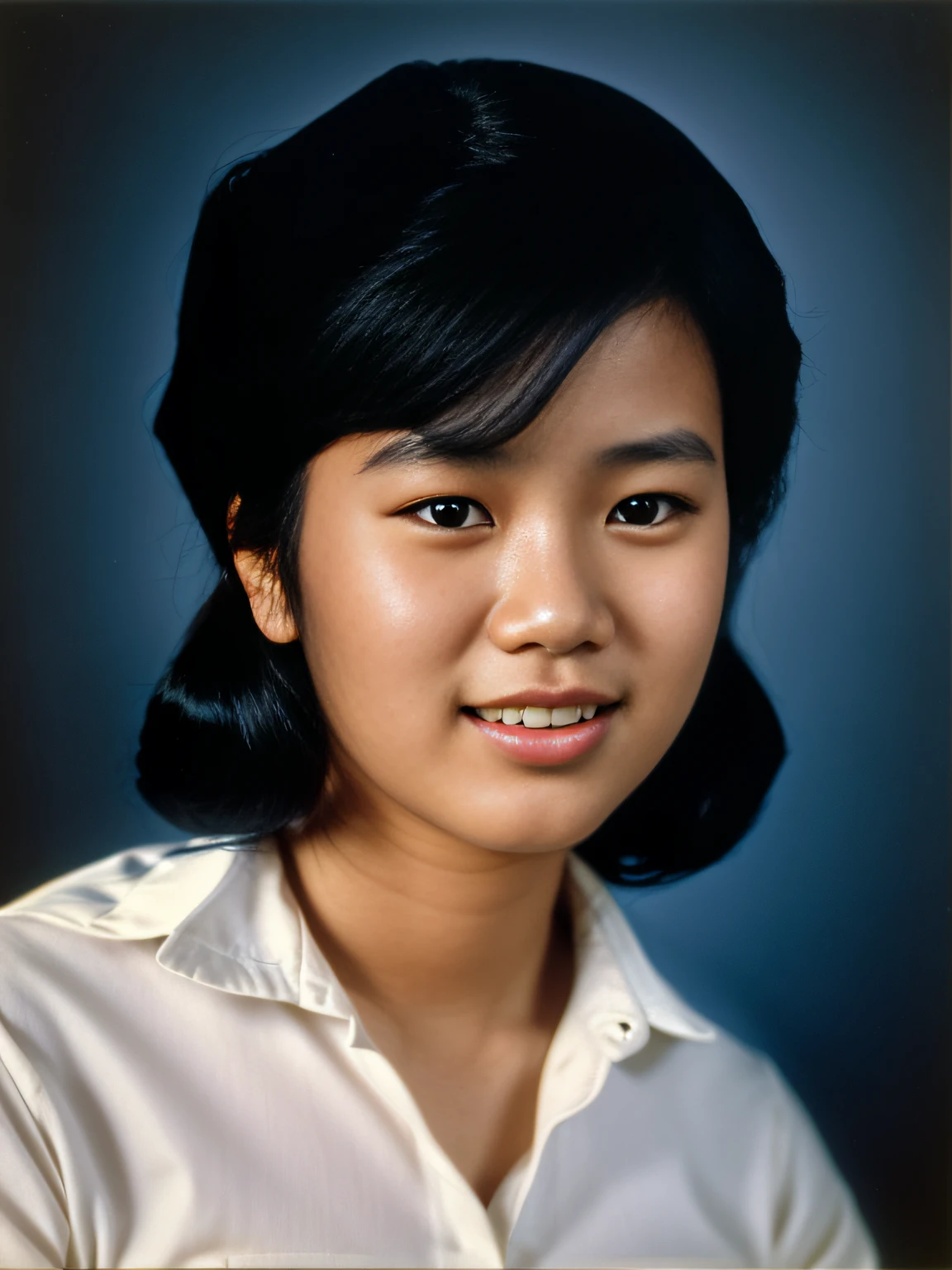 Highly realistic photo, Portrait photo of a 20-year-old Vietnamese woman, (wearing a white shirt),(black hair),((dark blue background)), photo taken in 1975 by kodak.