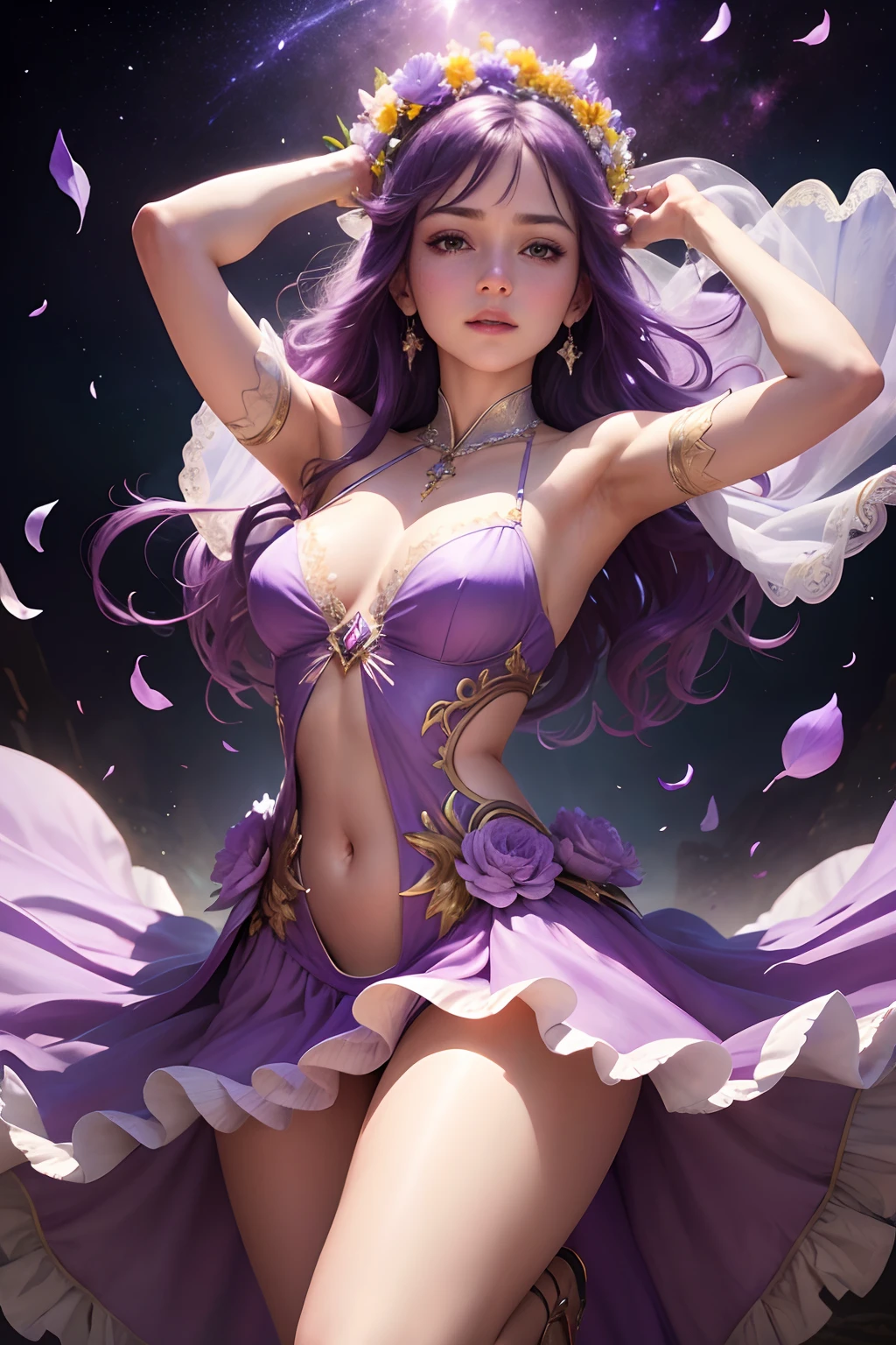 Ultra HD movie poster,The theme is an amazing beauty dance,full bodyesbian,The clothes are flowy garments,Lilac tulle,Flower petals fall in the background,And Starlight,smooggy,The name of the movie is:Deleite para la vista,4K