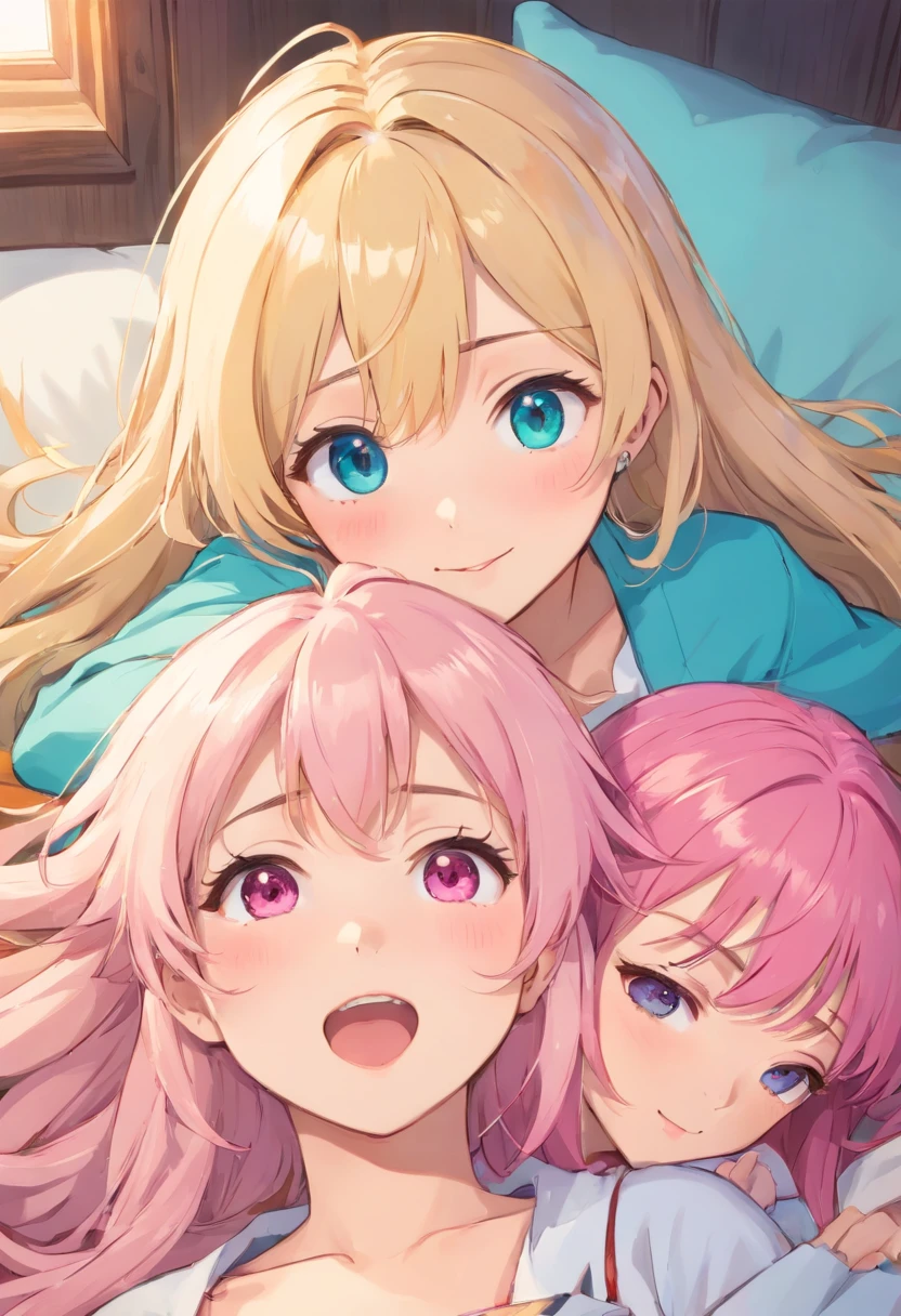 a stunningly cute 19 year old girl, blonde hair with bright all pink highlights and makeup and with blond hair with all cyan highlights. Very attracted to each other, passionate, in love, hug, holding, couple, happy, lesbian. dressed casually, lying down