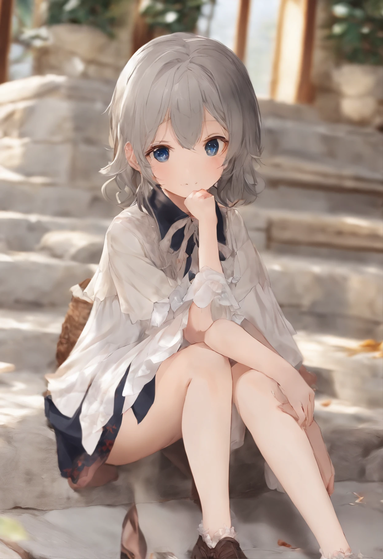 8K, Best quality, Masterpiece, 超高分辨率, (Realism: 1.4), Original photo, (Realistic skin texture: 1.3), (filmgrain: 1.3),Best quality,, (Fine details), (Intricate details), Cinematic light, Clear lines,1little girl,adolable,ssmile,White eyes,with short black hair,JK,looking toward the viewer,Sitting on the steps