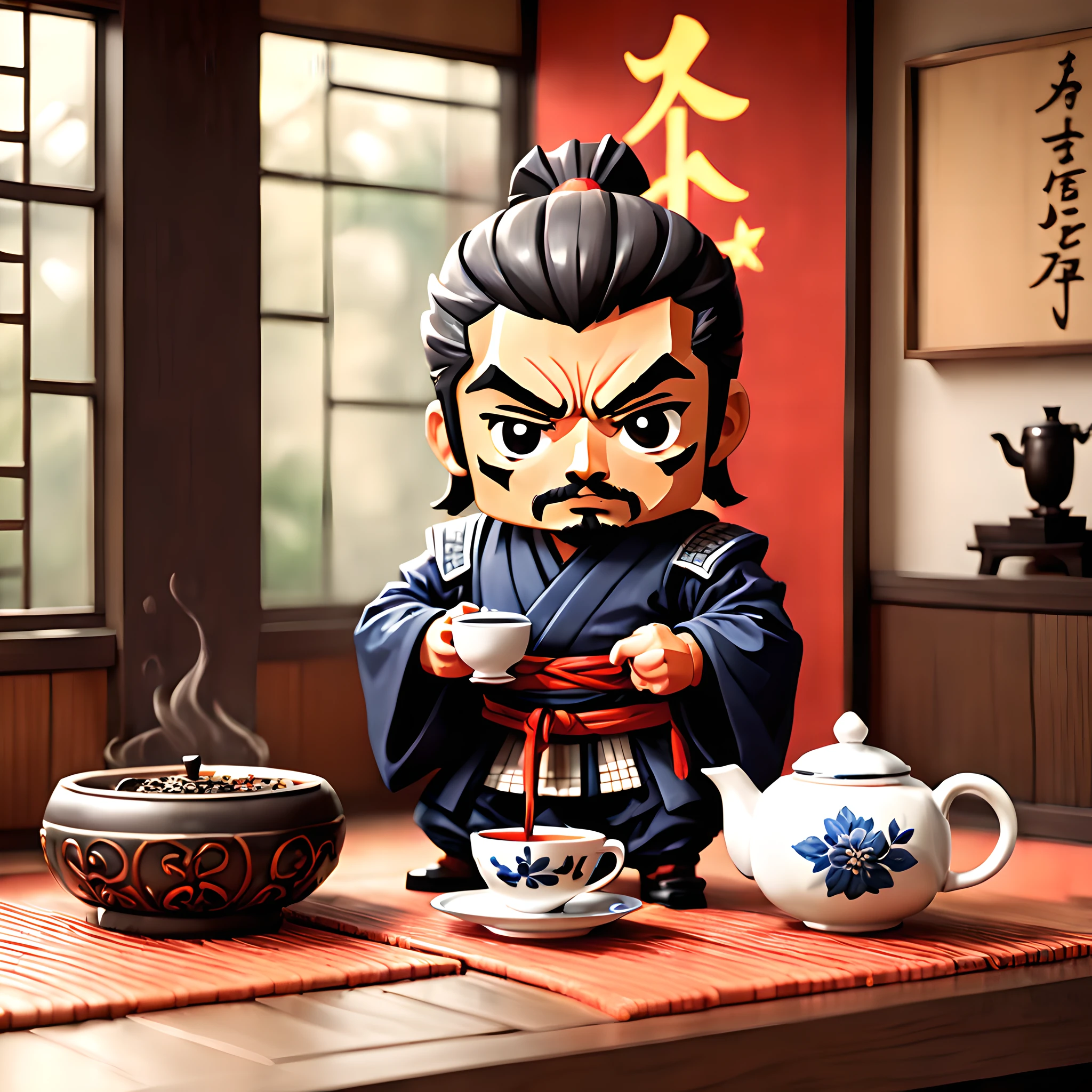 (Pixel art:1.5), (pixel theme:1.5), (chibi emote:1.5), (chibi character:1.5),(fantasy:1.5), (1japanse samurai:1.5), (Toshiro Mifune:1.5), (hot tea:1.5), (tea ceremony:1.5), (tearoom:1.5),(chinese tea cup:1.5),