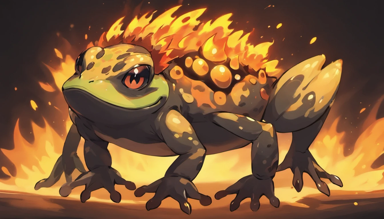 Demonic Frog, Evil Toad, Bipedal, Black and Organge, Firey Back Legs, Pokemon, third evolution
