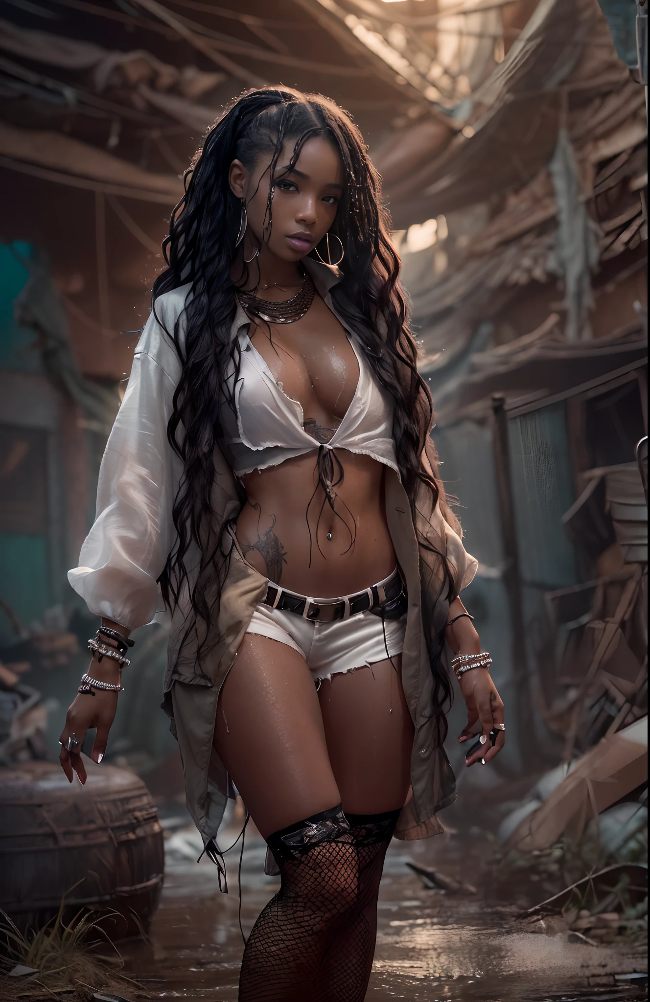 ((21-year-old))) black girl, (((light skin))),  (((close-up full body pose))),  (((long wavy black hair))), (((ripped silk thigh highs with skimpy shorts))), (((wearing post-apocalyptic clothing, white shirt, unbuttoned half way))), african tribal tattoo sleeve, dark fantasy art, Rich, Deep Colours, (intricate details:0.9), (HDR, hyper-detailing:1.2), (natural skin textures, hyper realisitc, wet skin, soft light, Sharp),