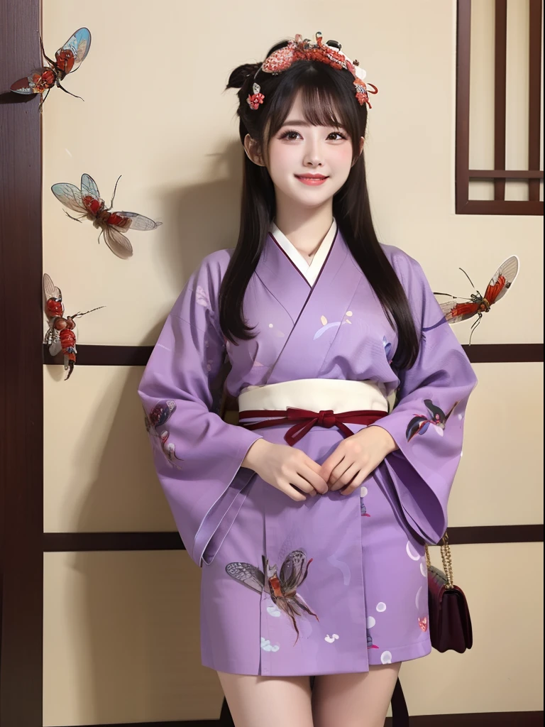 Female idol covered in crabs(Cute kimono)、Looks fun、full body Esbian、a miniskirt、Red and purple、Kimono with insect pattern、Big Centipede