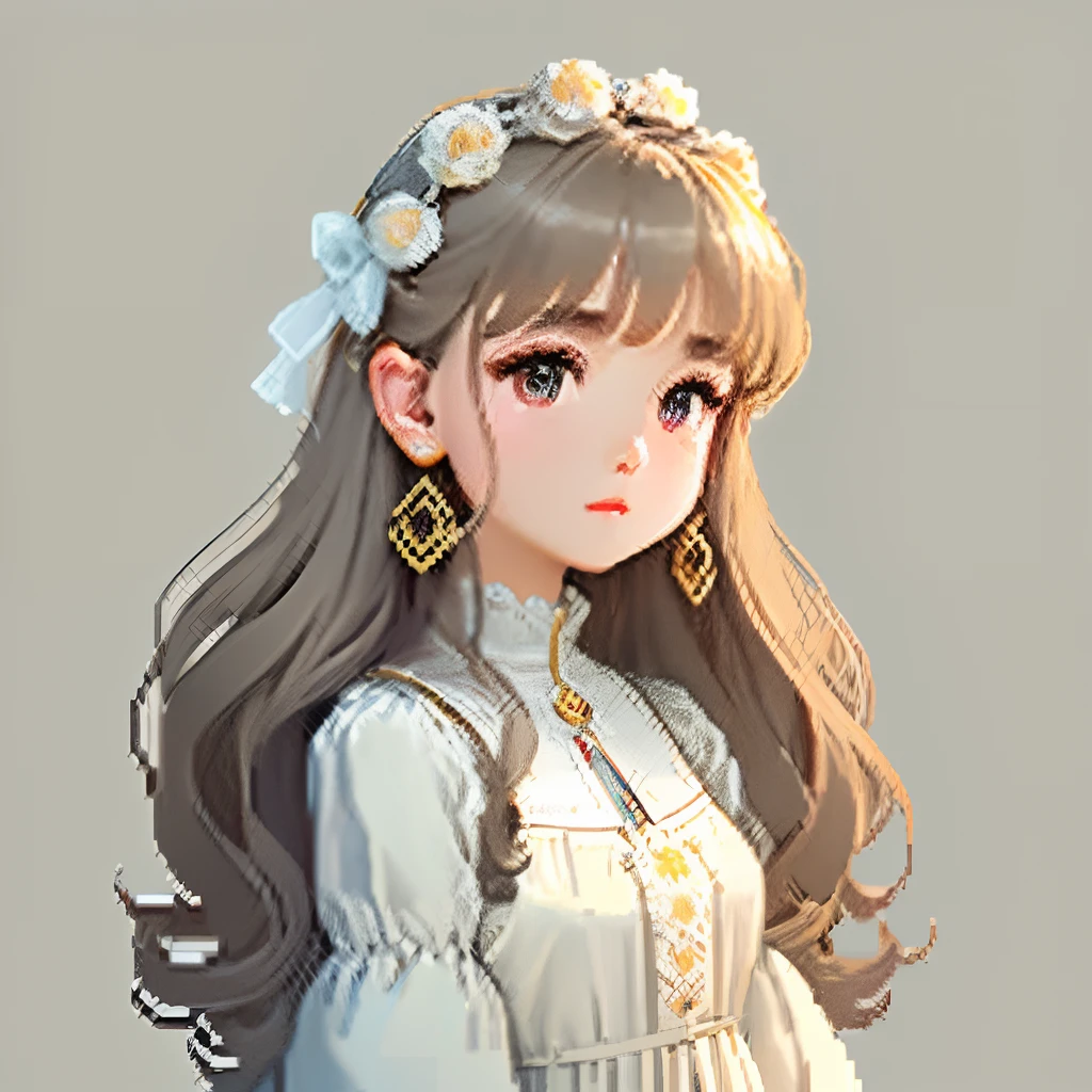 I was wearing an antique dress,large earring、Clothing consisting of pale blue color, Brown and beige、Girl with dull grey long S-shaped curls、Look back and look at this.、Pixel art、Pixel Art Illustration、pixels、Plain background、Upper body、For icons、pixels_Art Book,Composition centered on the face、Katyusha、pixels、Game-style illustration、Pixel art、pixels、without background、The background is all beige、pixels、Big hair ornament、graceful dress、Loose fluffy、White background、、simple background、A girl about 16 years old、Beautiful eyes like jewels、pixels、pixels、pixels、Pixel art