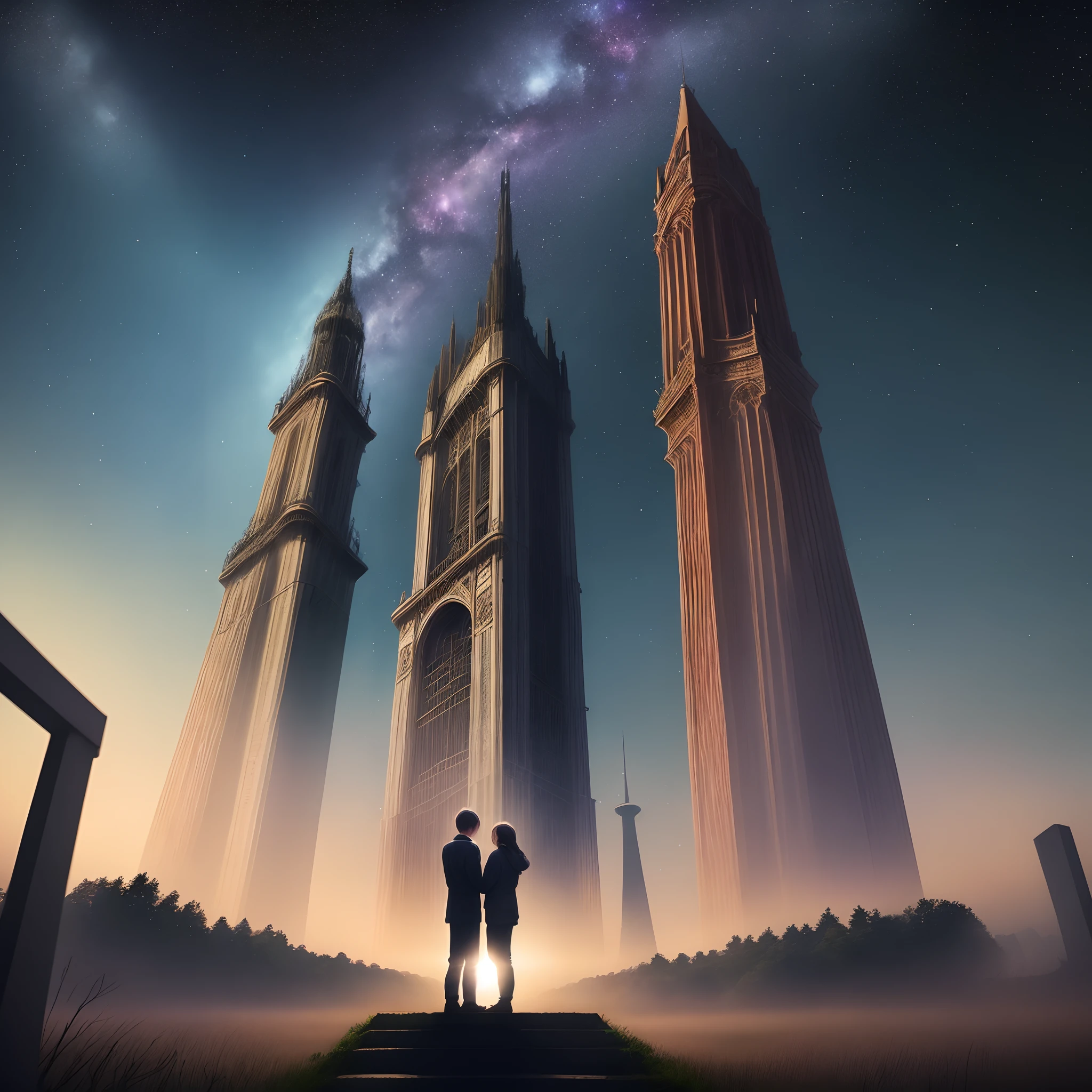 Two people looking up at the sky、intergalactic、Starry sky、The tower that stands in the middle、tower、high towers、Town of Machines