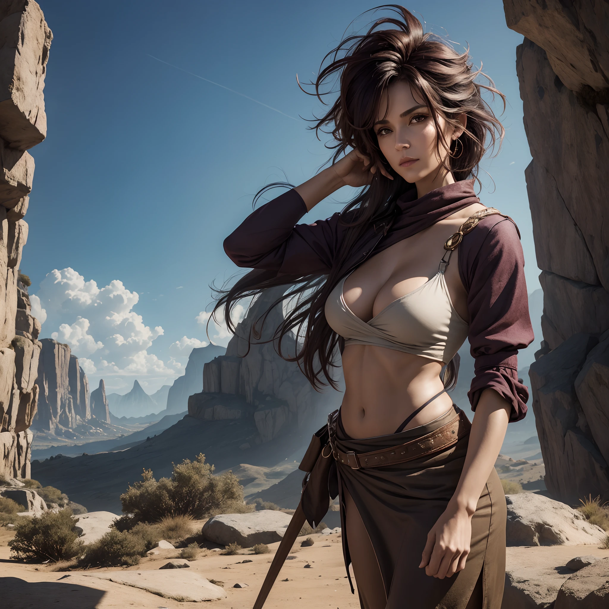 51 yo female scout in a fantasy world, posing for viewer, messy hair, asymmetrically placed hair, tall woman, stunningly beautiful woman, arm sleeves, seductress