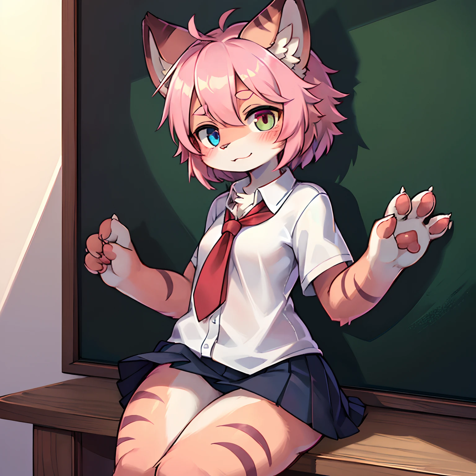 Furry, solo, kemono, Furry woman, pink tiger, (pink skin), (pink rudder), (pink tiger ears), (small ears), (maximum details), (light and shadow),  Heterochromia (one eye is red, one eye is blue), pink tomboy hairstyle, school background, (in front of the blackboard), student, School skirt, (dark blue), Thai school shirt, (white), Personality, (Personality like a man), (Red face),