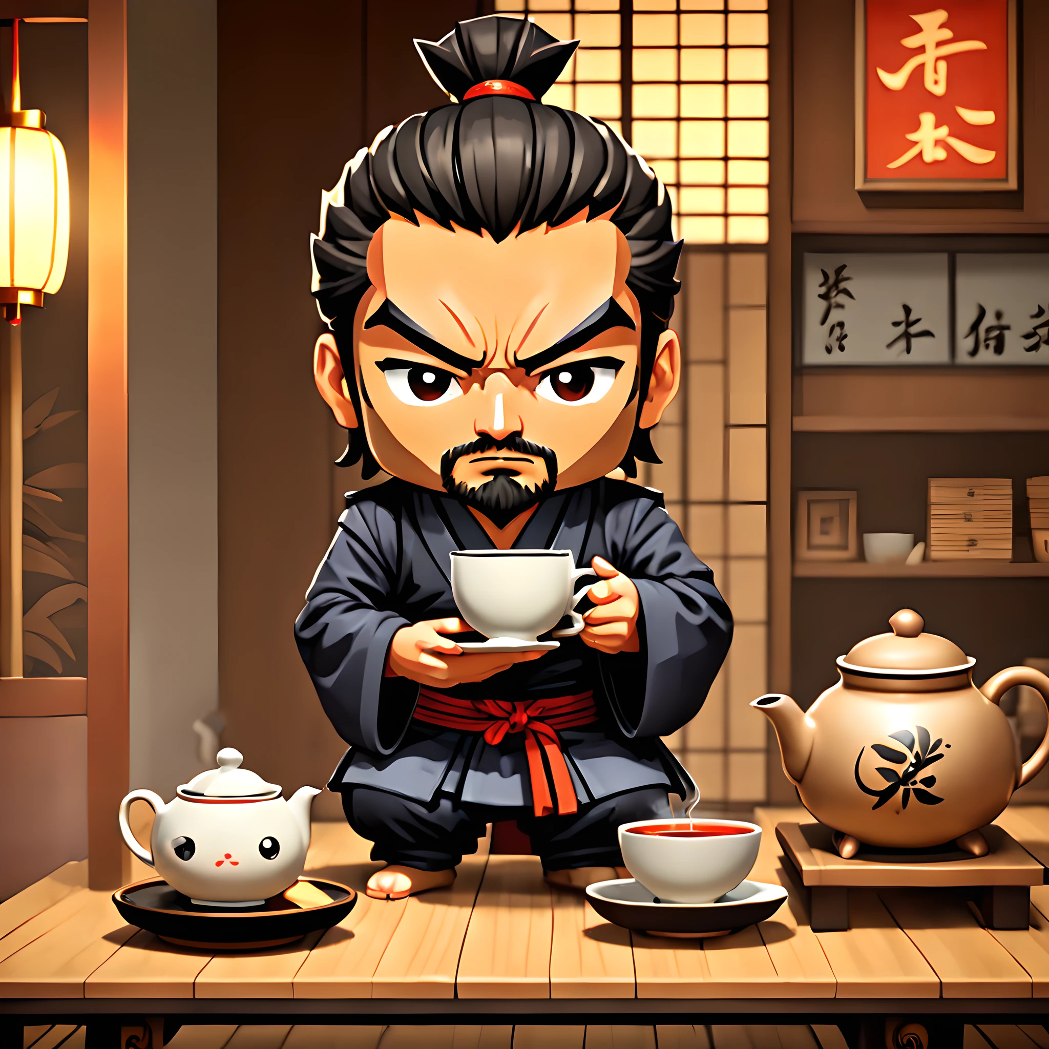 (Pixel art:1.5), (pixel theme:1.5), (chibi emote:1.5), (chibi character:1.5),(fantasy:1.5), (1japanse samurai:1.5), (Toshiro Mifune:1.5), (hot tea:1.5), (tea ceremony:1.5), (tearoom:1.5),(chinese tea cup:1.5),