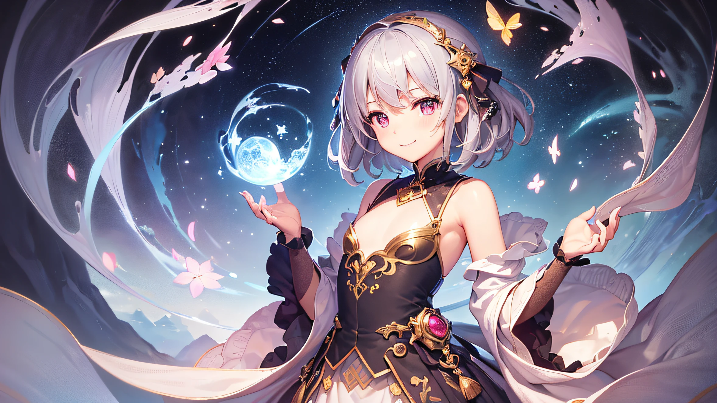 (masterpiece),(Top image quality),hight resolution,(Dainty and cute),(ighly detailed), 1girl, 独奏,illustratio,Fantasia, girl,Short gray hair,complex costume,a smile,Pink eyes,grand background,A little erotic,Smaller chest,mystical,stele,starrysky,fanciful