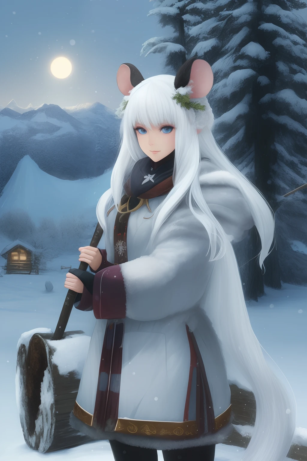 Anime, Mouse ears, mouse tale, woman, mature, Winter, snow, ice, winter cloths, white long hair, Magic, Druid, staff, mountain, forest, gathering, log cabin