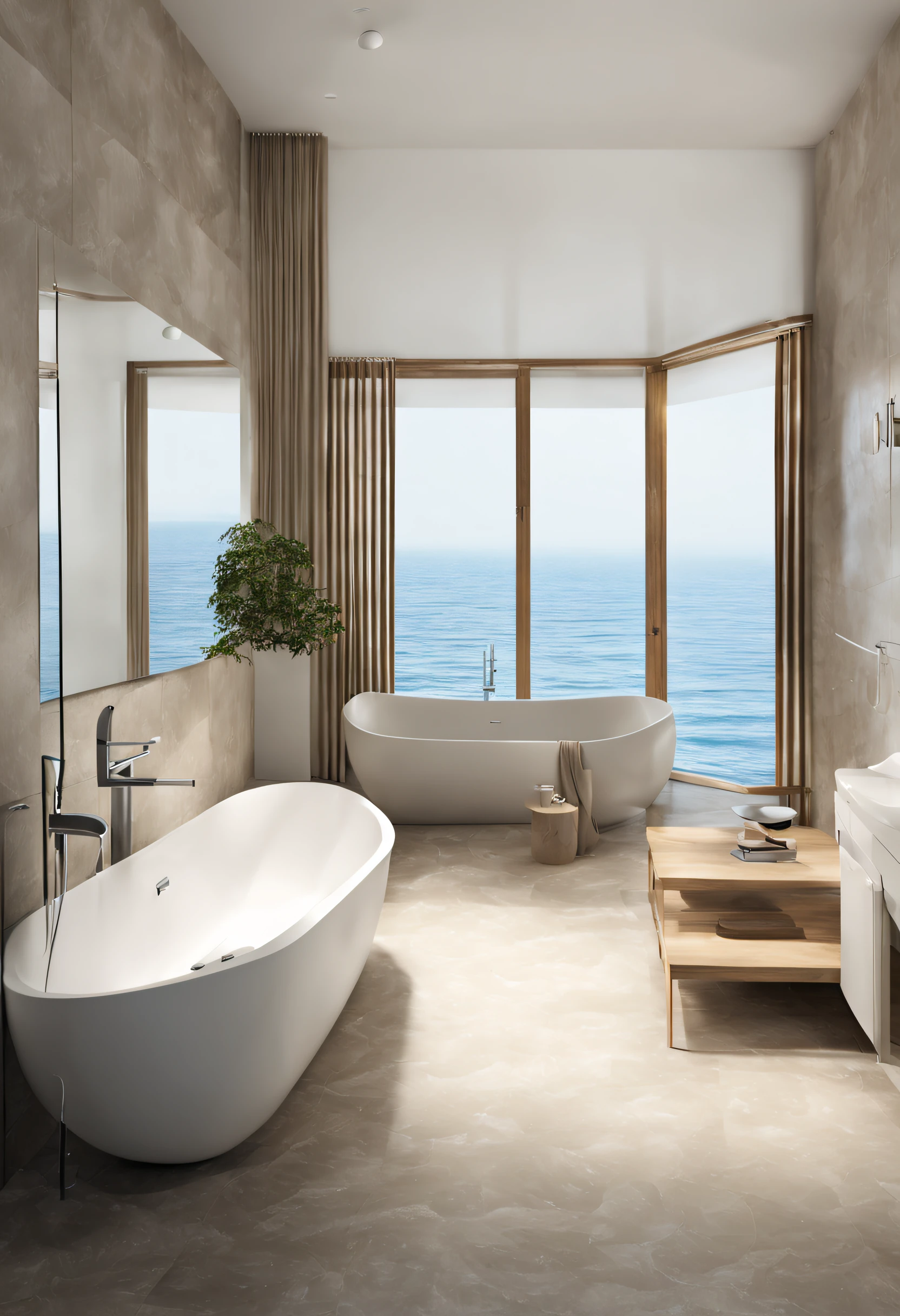 A bathroom scene diagram is required,The bathroom has a glass window with an invincible view of the sea,Bathrooms require bathtubs,toilet,Washbasin,The bathroom towel scene is minimalist,The main color is natural