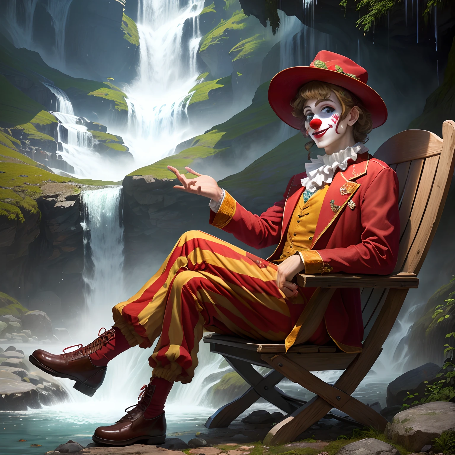 Clown sitting on a chair made of strawberries on stones with a waterfall in the background