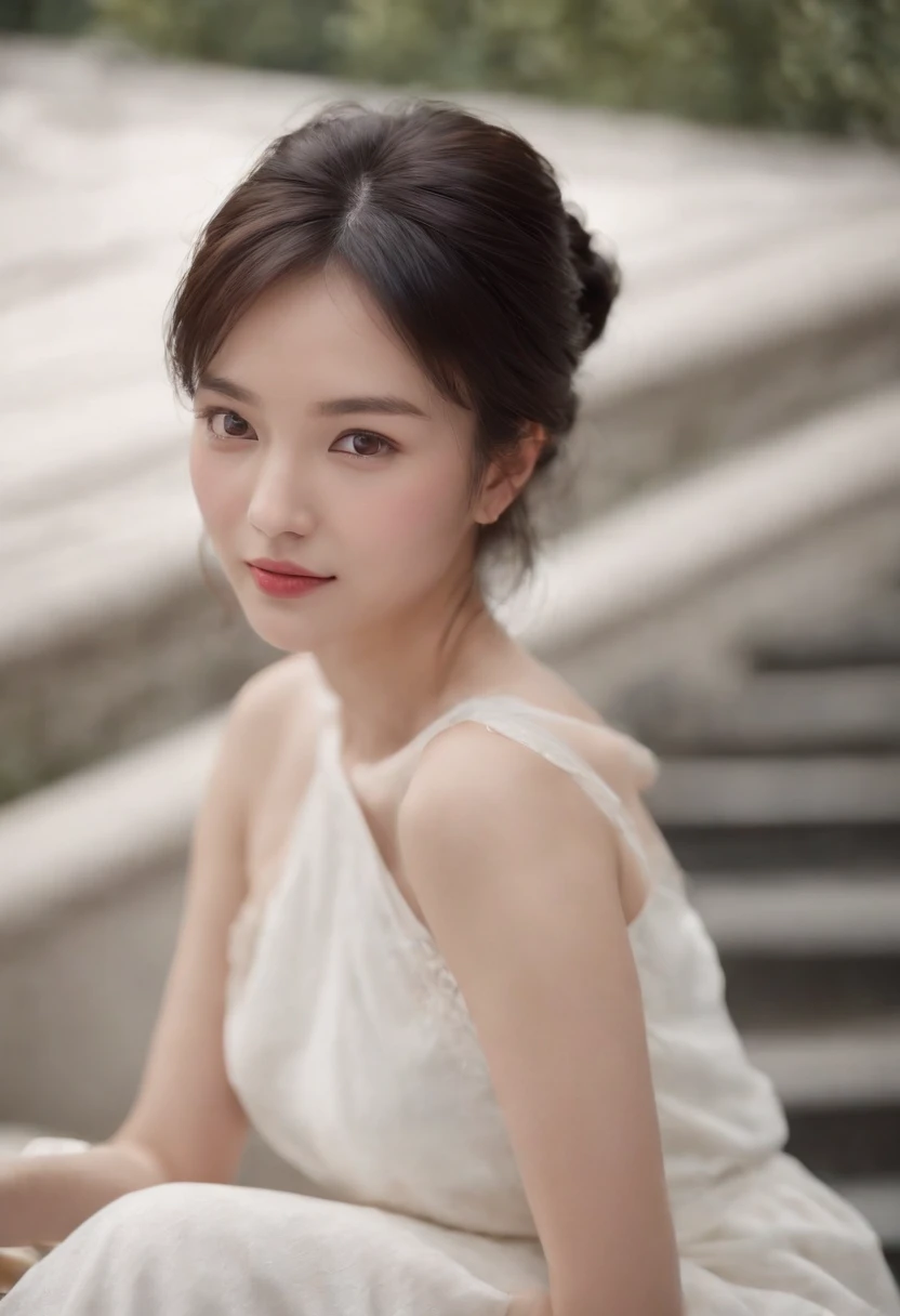 8K, Best quality, Masterpiece, 超高分辨率, (Realism: 1.4), Original photo, (Realistic skin texture: 1.3), (filmgrain: 1.3),Best quality,, (Fine details), (Intricate details), Cinematic light, Clear lines,1Blittle girl,adolable,ssmile,White eyes,with short black hair,JK,looking toward the viewer,Sitting on the steps