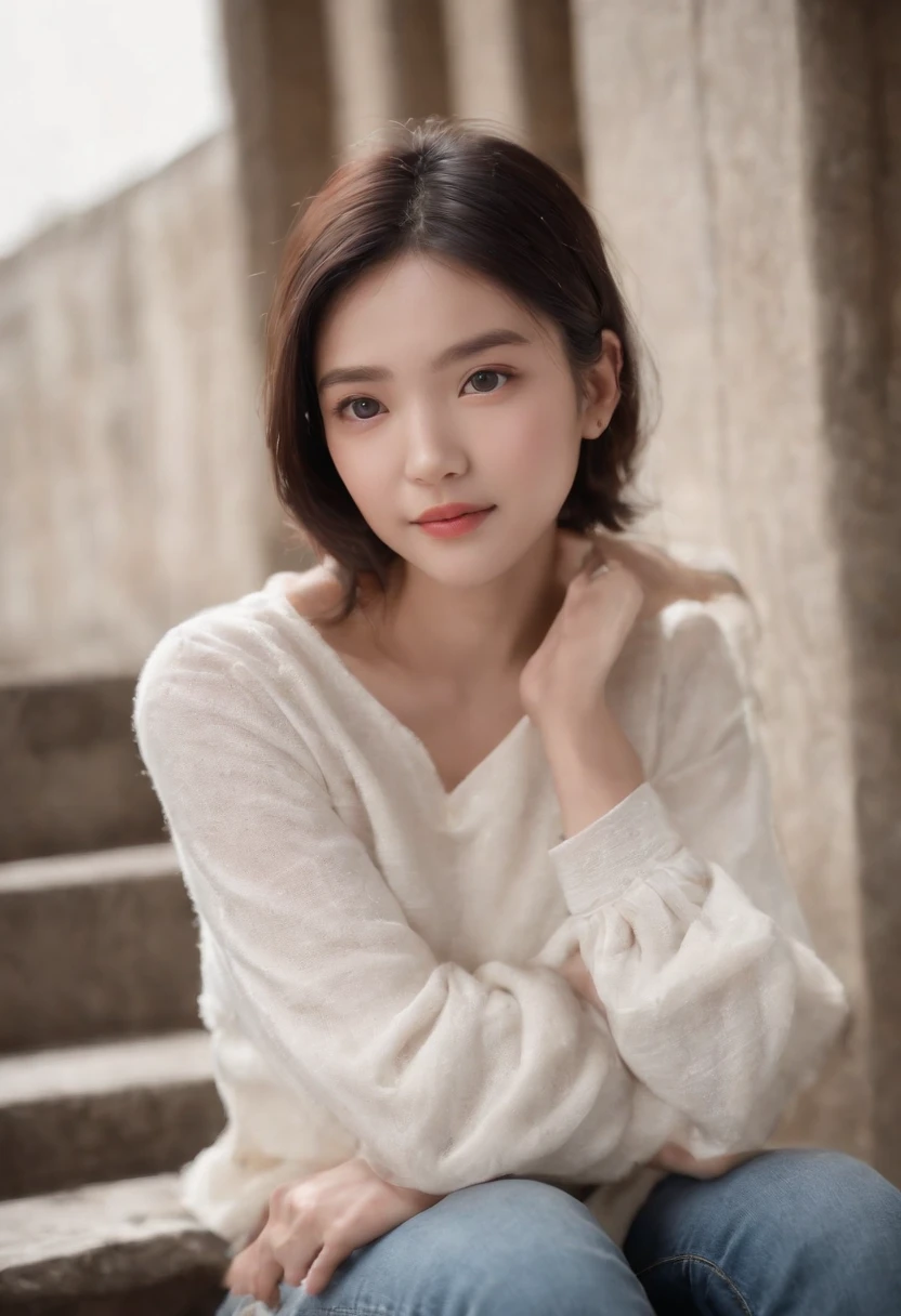 8K, Best quality, Masterpiece, 超高分辨率, (Realism: 1.4), Original photo, (Realistic skin texture: 1.3), (filmgrain: 1.3),Best quality,, (Fine details), (Intricate details), Cinematic light, Clear lines,1Blittle girl,adolable,ssmile,White eyes,with short black hair,JK,looking toward the viewer,Sitting on the steps