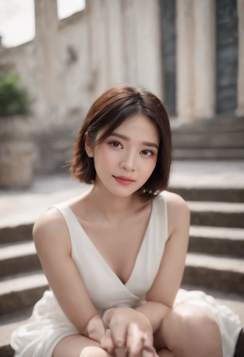 8K, Best quality, Masterpiece, 超高分辨率, (Realism: 1.4), Original photo, (Realistic skin texture: 1.3), (filmgrain: 1.3），Best quality,, (Fine details), (Intricate details), Cinematic light, Clear lines,1Blittle girl，adolable，ssmile，White eyes，with short black hair，JK，looking toward the viewer，Sitting on the steps