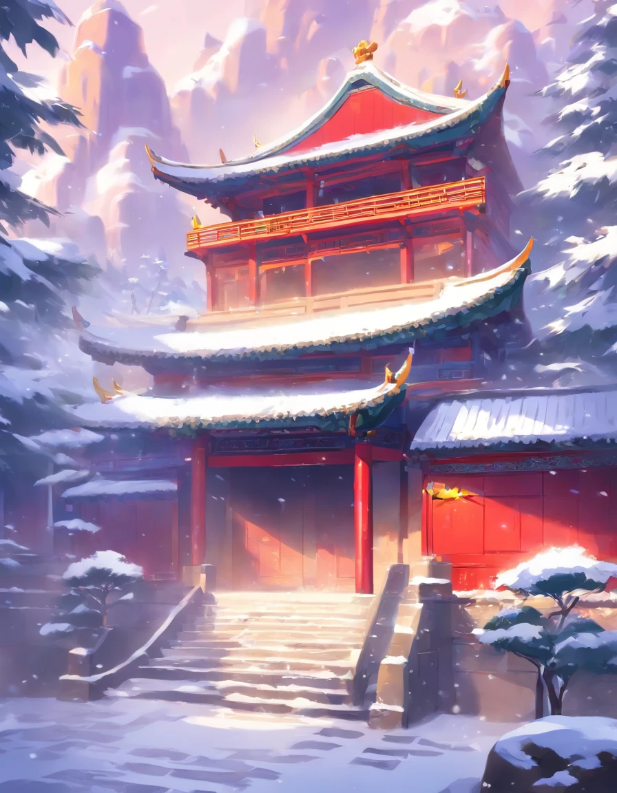 Chinese-style architecture, Small auditorium, snowy day