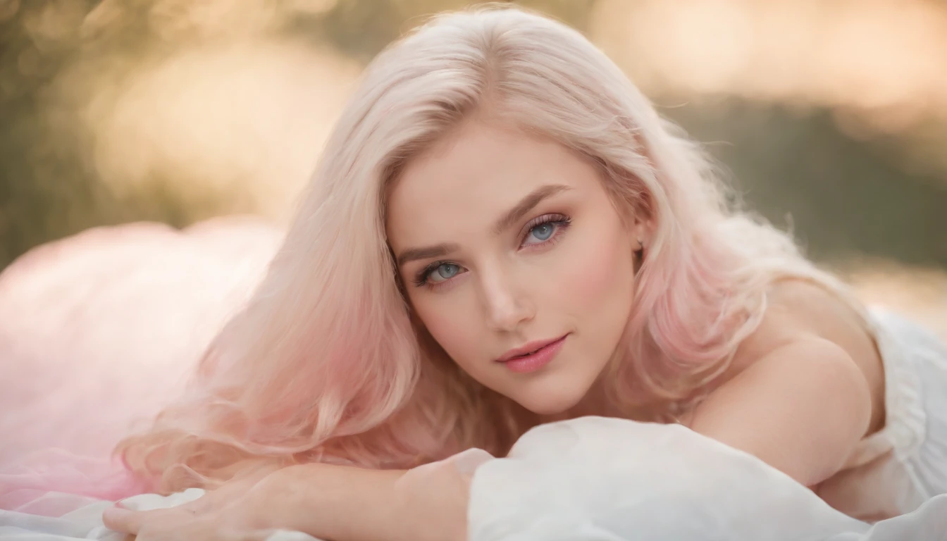 a stunningly cute 19 year old girl, blonde hair with bright all pink highlights and makeup and with blond hair with all cyan highlights. Very attracted to each other, passionate, in love, hug, holding, couple, happy, lesbian. dressed casually, lying down, NSFW