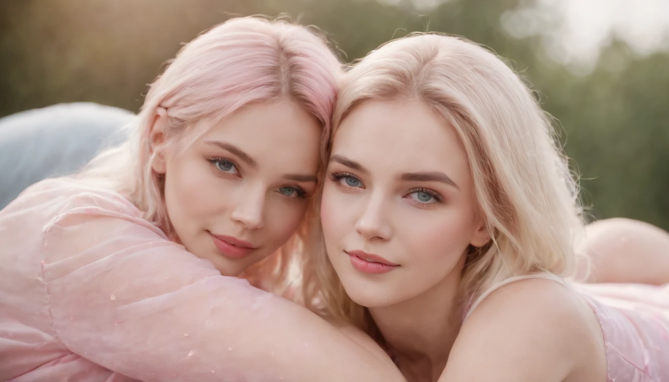 a stunningly cute 19 year old girl, blonde hair with bright all pink highlights and makeup and with blond hair with all cyan highlights. Very attracted to each other, passionate, in love, hug, holding, couple, happy, lesbian. dressed casually, lying down, NSFW