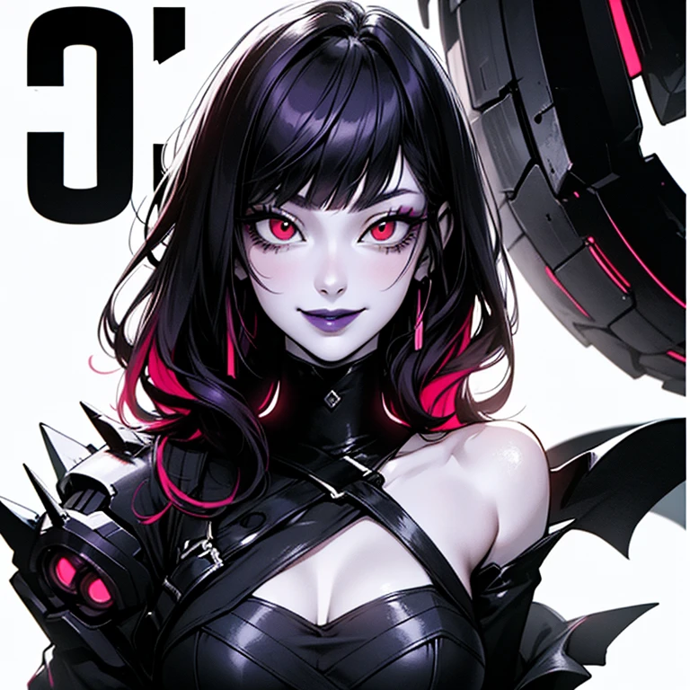 ((solo)). female character around 30 years old. mature body without many special attributes. wearing black clothing, a cyberpunk style outfit. she has a cheeky smile. red eyes. long purple hair with straight bangs. She wears eyeliner and black lipstick on her lips. she looks a model on a magazine cover. a combined neon and greyscale color style