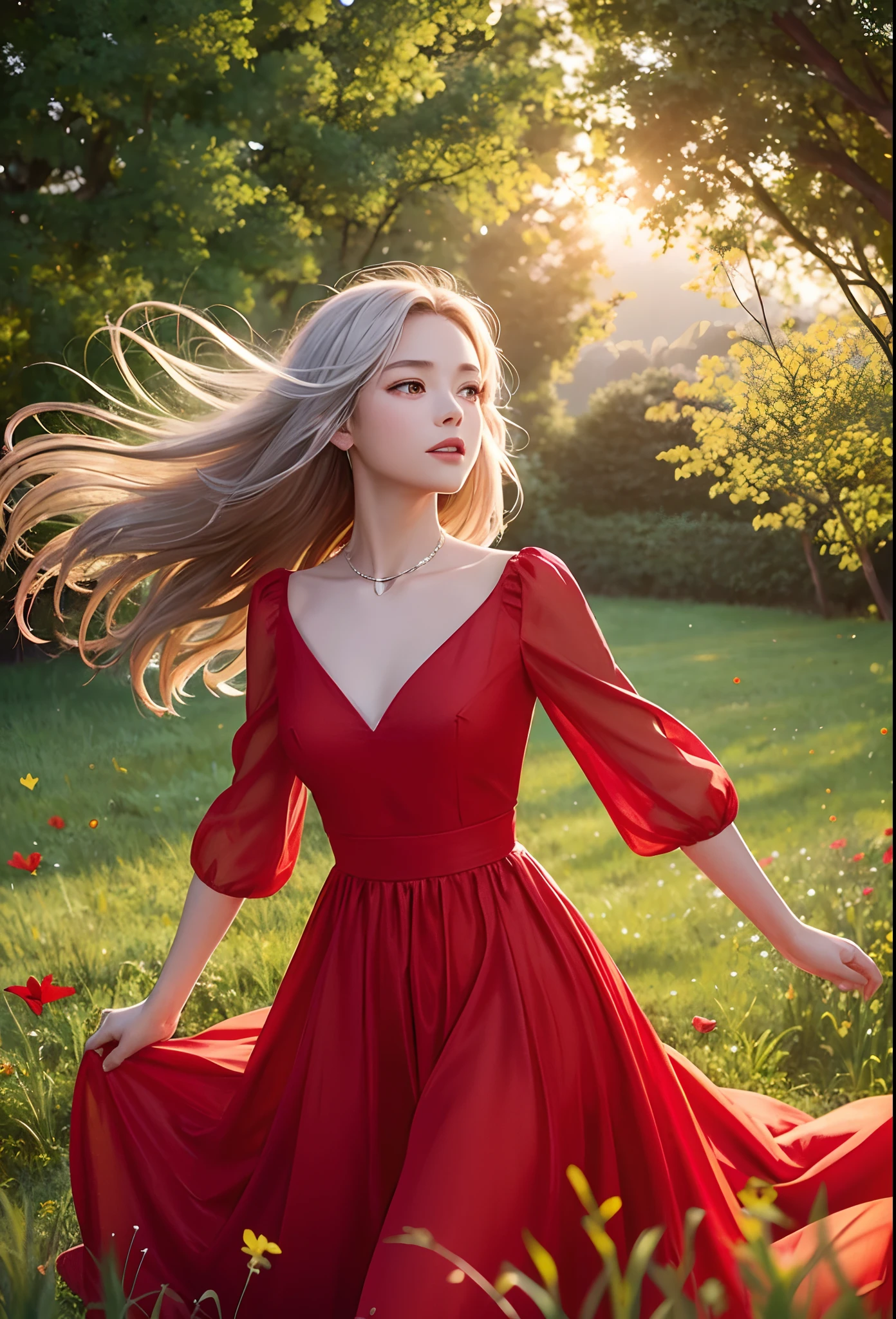 portrait of a girl in the red very long dress is dancing in a field with glowing flowers, stars, butterflies, grass realism, beautiful lighting, magic, fantasy of silver time, photograph