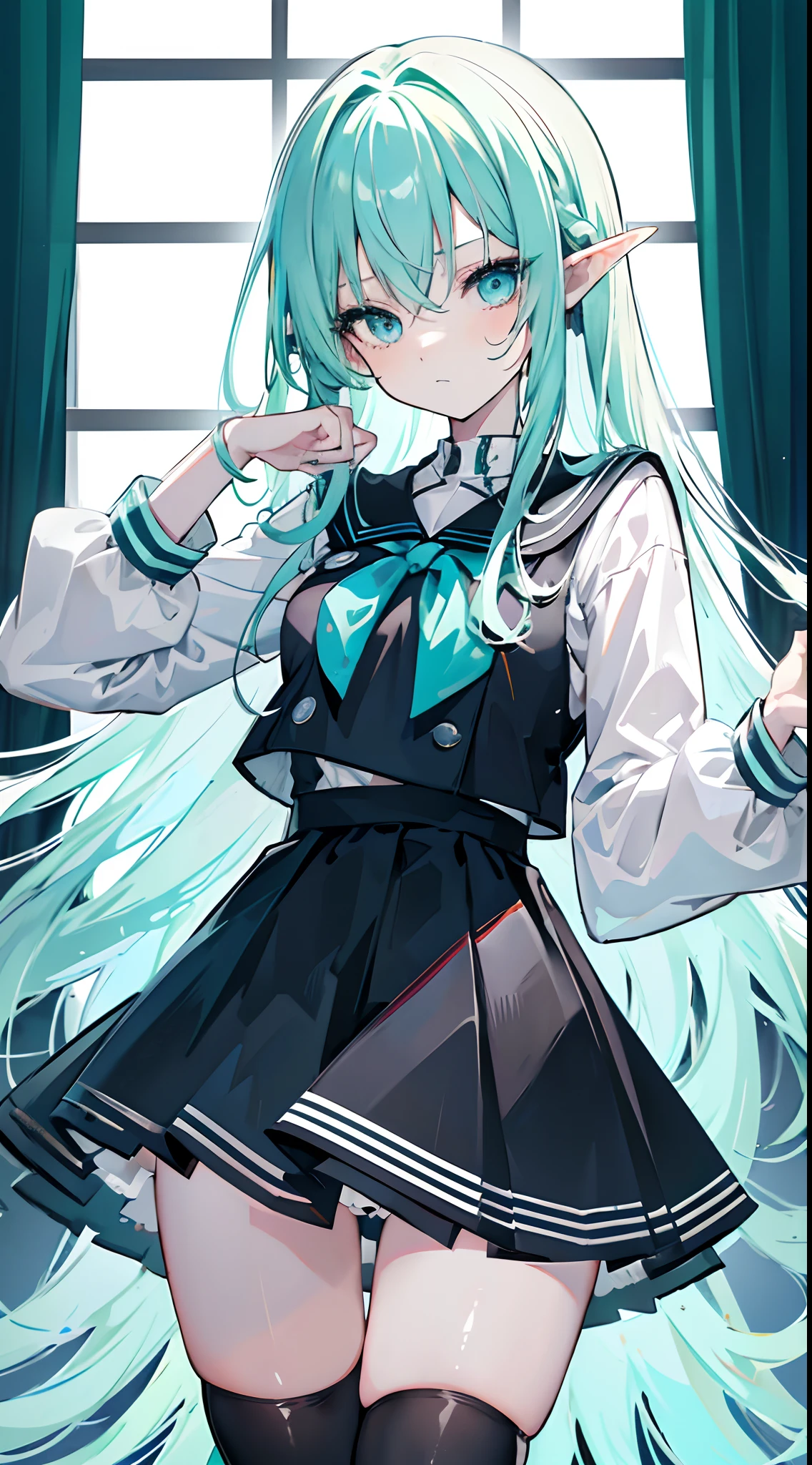 Long light green cyan hair,Dark blue eyes,Broken hair curtain,A faint smile,Black and white sailor uniform school uniform,cropped shoulders,Elf Girl,Super good figure,Color hair cards,Place your hands in front of you,Raise your head slightly,short skirt,black lence stockings,