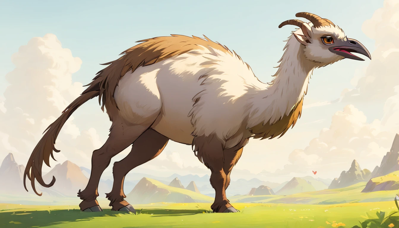 Bipedal creature with canine like face, ostrich style mammalian body, large goat horns, chimaera